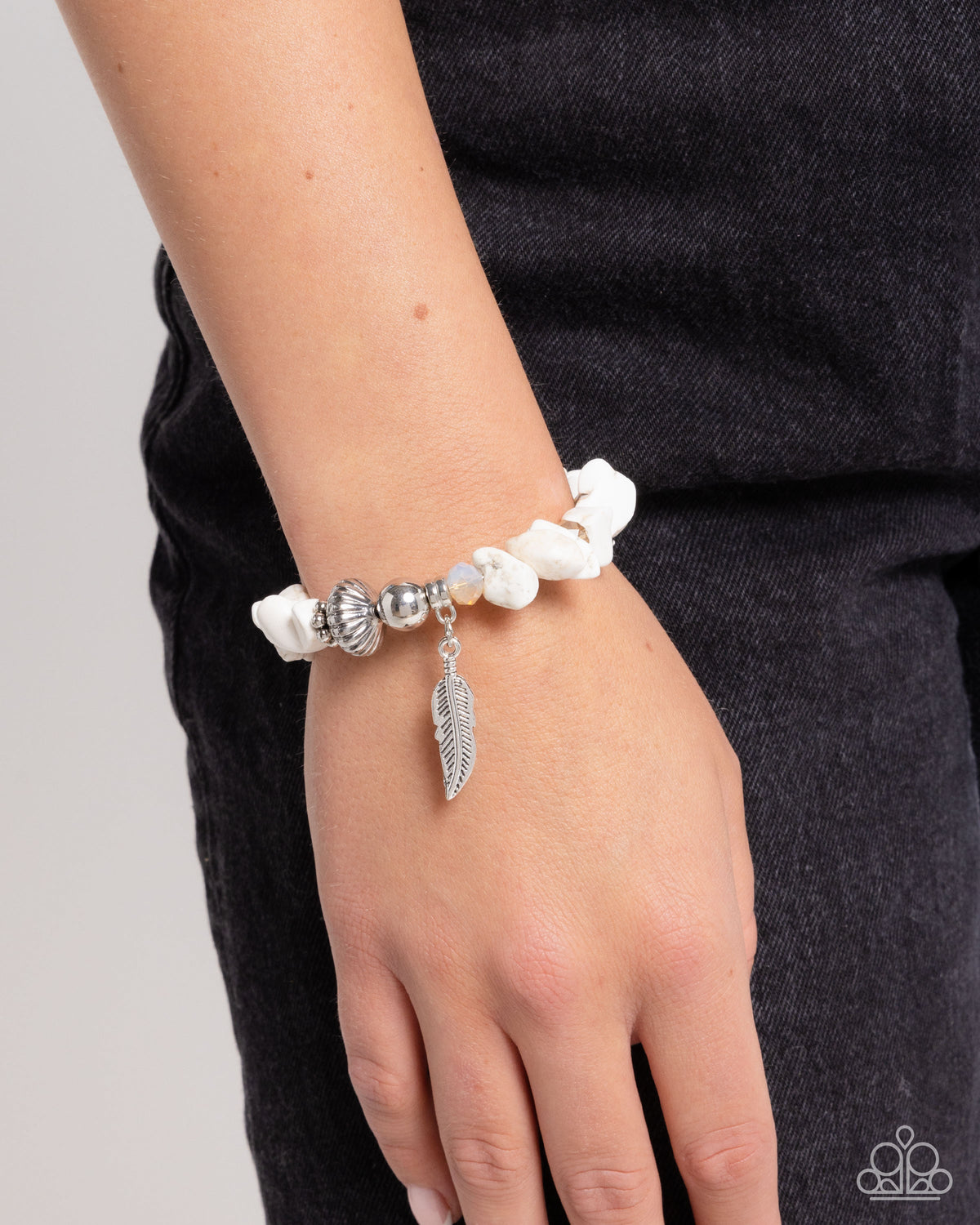 Earthy Earning White Stone &amp; Silver Feather Bracelet - Paparazzi Accessories-on model - CarasShop.com - $5 Jewelry by Cara Jewels