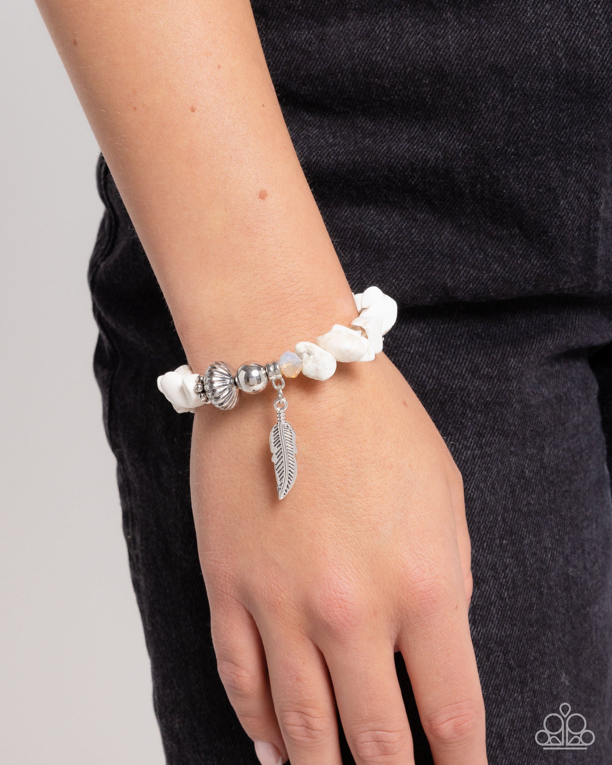 Earthy Earning White Stone & Silver Feather Bracelet - Paparazzi Accessories- lightbox - CarasShop.com - $5 Jewelry by Cara Jewels