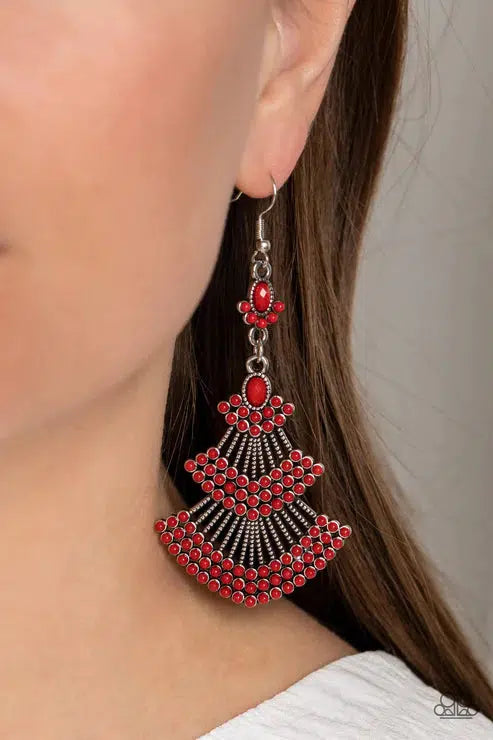 Eastern Expression Red Earrings - Paparazzi Accessories- on model - CarasShop.com - $5 Jewelry by Cara Jewels