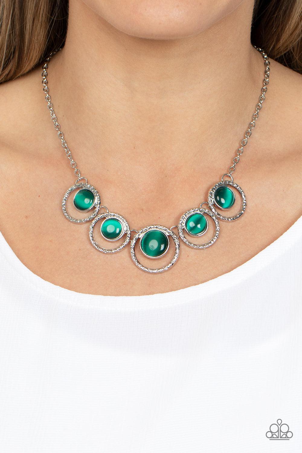 Elliptical Enchantment Green Cat&#39;s Eye Stone Necklace - Paparazzi Accessories-on model - CarasShop.com - $5 Jewelry by Cara Jewels