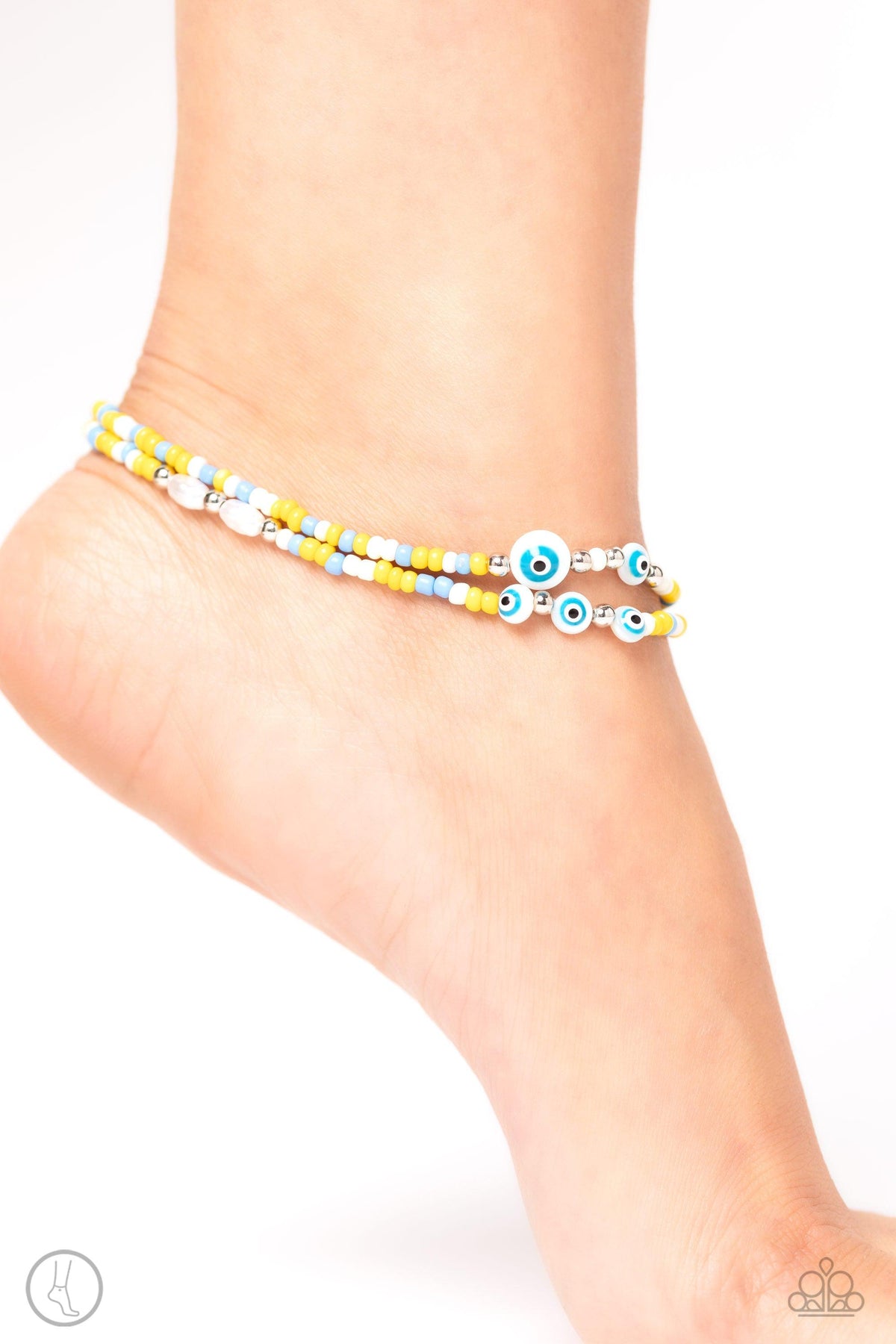 Enchanting Energy Yellow, Blue &amp; White Seed Bead Anklet - Paparazzi Accessories-on model - CarasShop.com - $5 Jewelry by Cara Jewels
