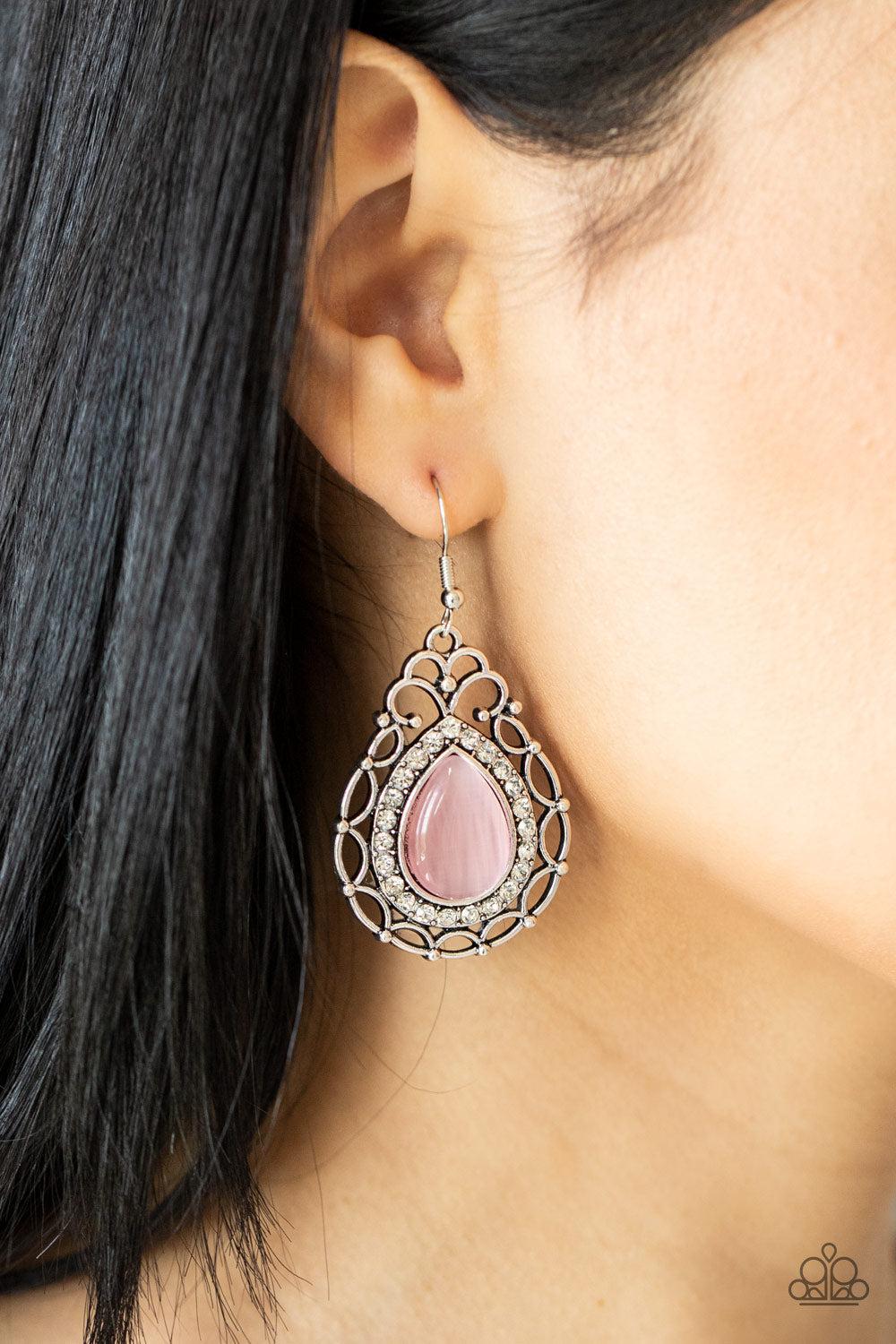 Endlessly Enchanting Pink Cat&#39;s Eye Stone Earrings - Paparazzi Accessories-on model - CarasShop.com - $5 Jewelry by Cara Jewels