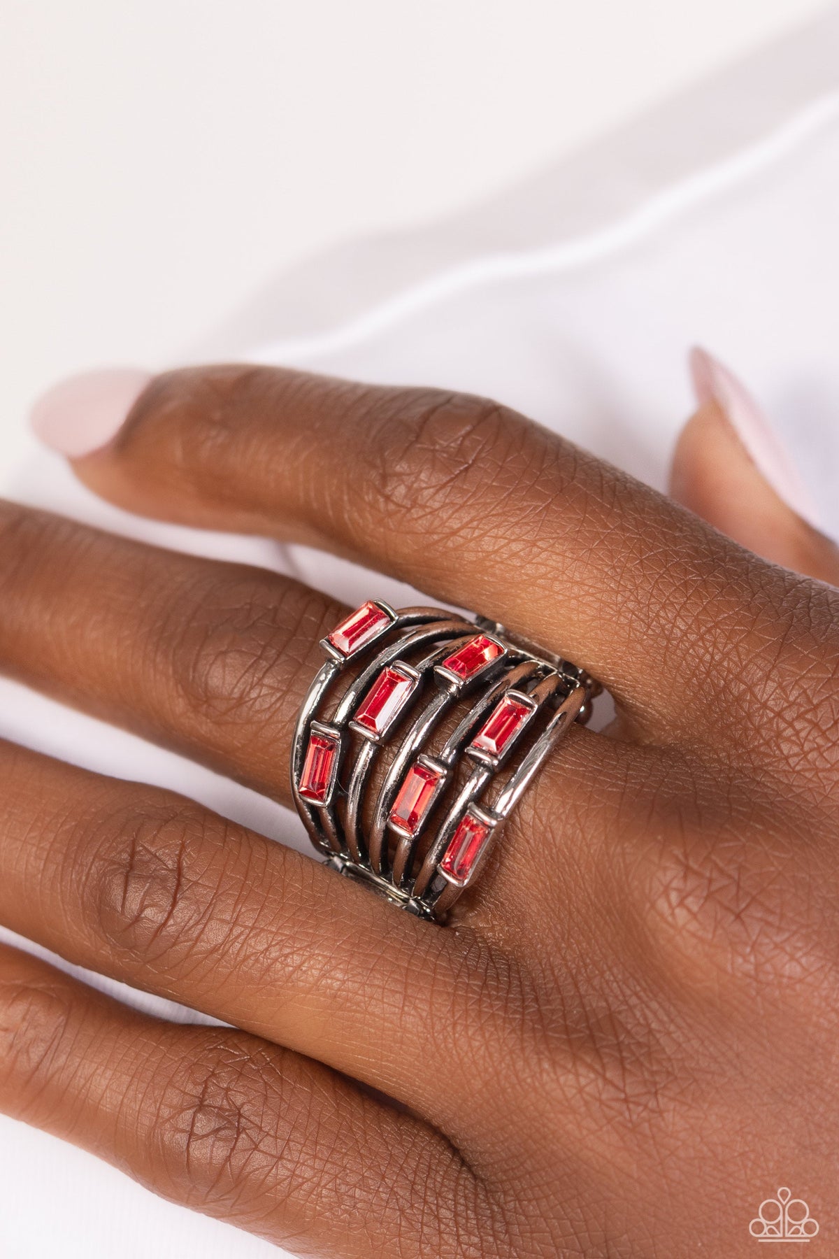 Exceptional Edge Red Rhinestone Ring - Paparazzi Accessories-on model - CarasShop.com - $5 Jewelry by Cara Jewels