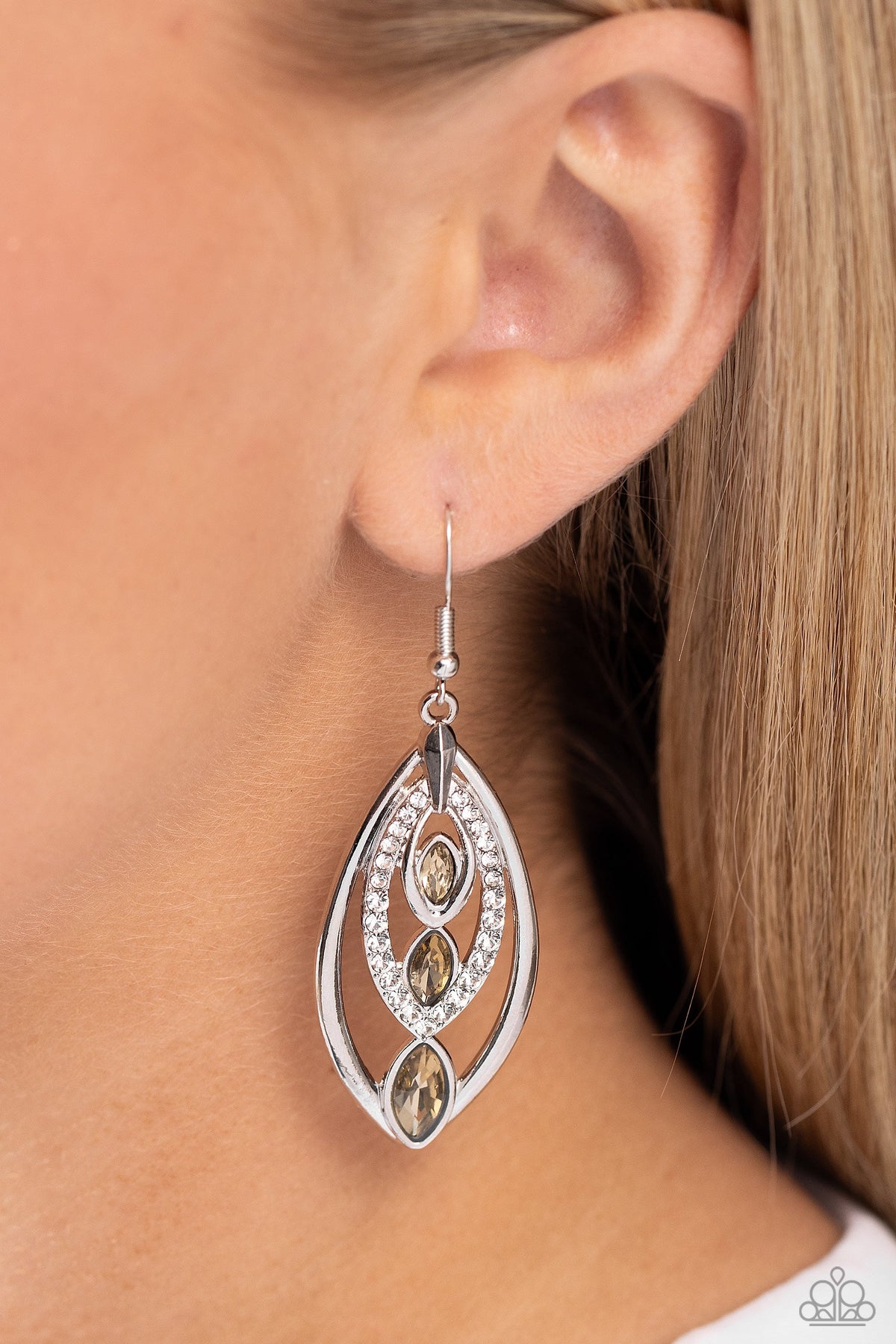 Extra Exuberant Brown Rhinestone Earrings - Paparazzi Accessories-on model - CarasShop.com - $5 Jewelry by Cara Jewels