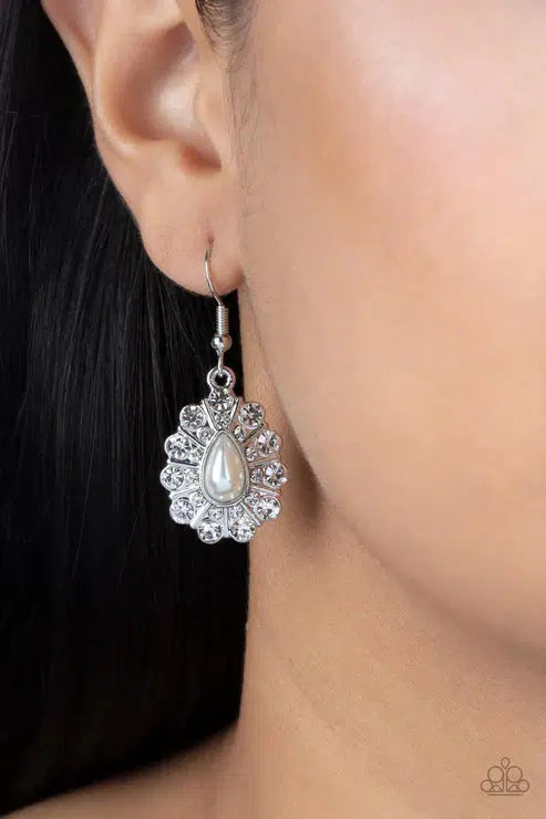 Extroverted Elegance White Earrings - Paparazzi Accessories-on model - CarasShop.com - $5 Jewelry by Cara Jewels