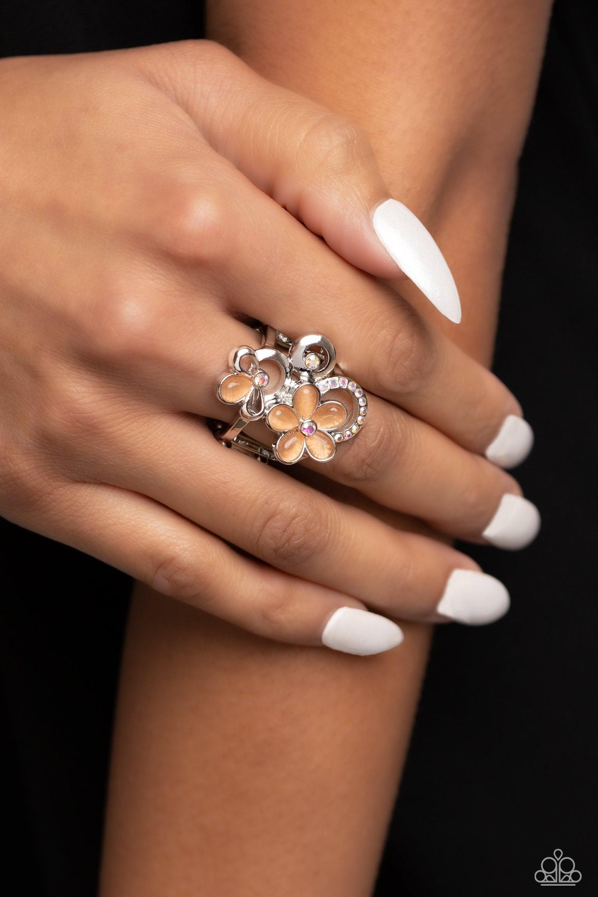 Fairy Circle Orange Floral Ring - Paparazzi Accessories-on model - CarasShop.com - $5 Jewelry by Cara Jewels