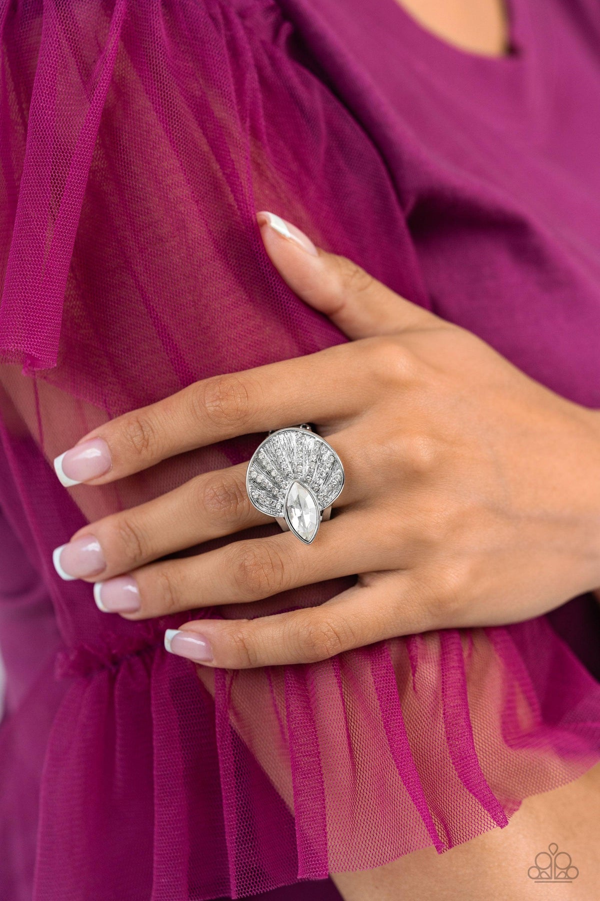Fan Dance Dazzle White Rhinestone Ring - Paparazzi Accessories-on model - CarasShop.com - $5 Jewelry by Cara Jewels