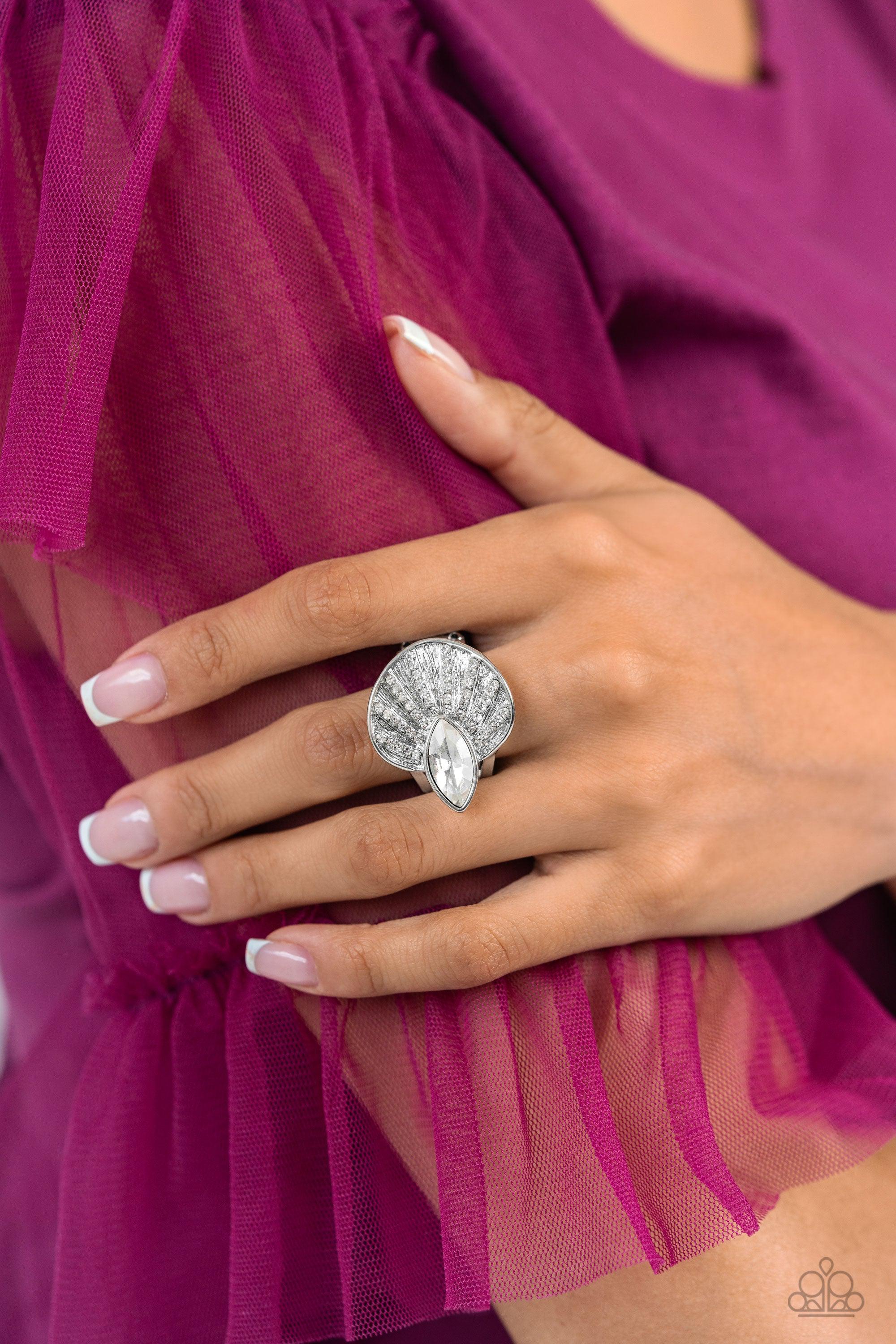 Fan Dance Dazzle White Rhinestone Ring - Paparazzi Accessories- lightbox - CarasShop.com - $5 Jewelry by Cara Jewels