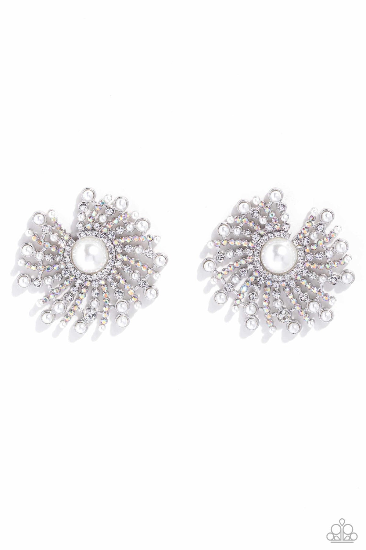 Fancy Fireworks White Pearl &amp; Rhinestone Earrings - Paparazzi Accessories- lightbox - CarasShop.com - $5 Jewelry by Cara Jewels