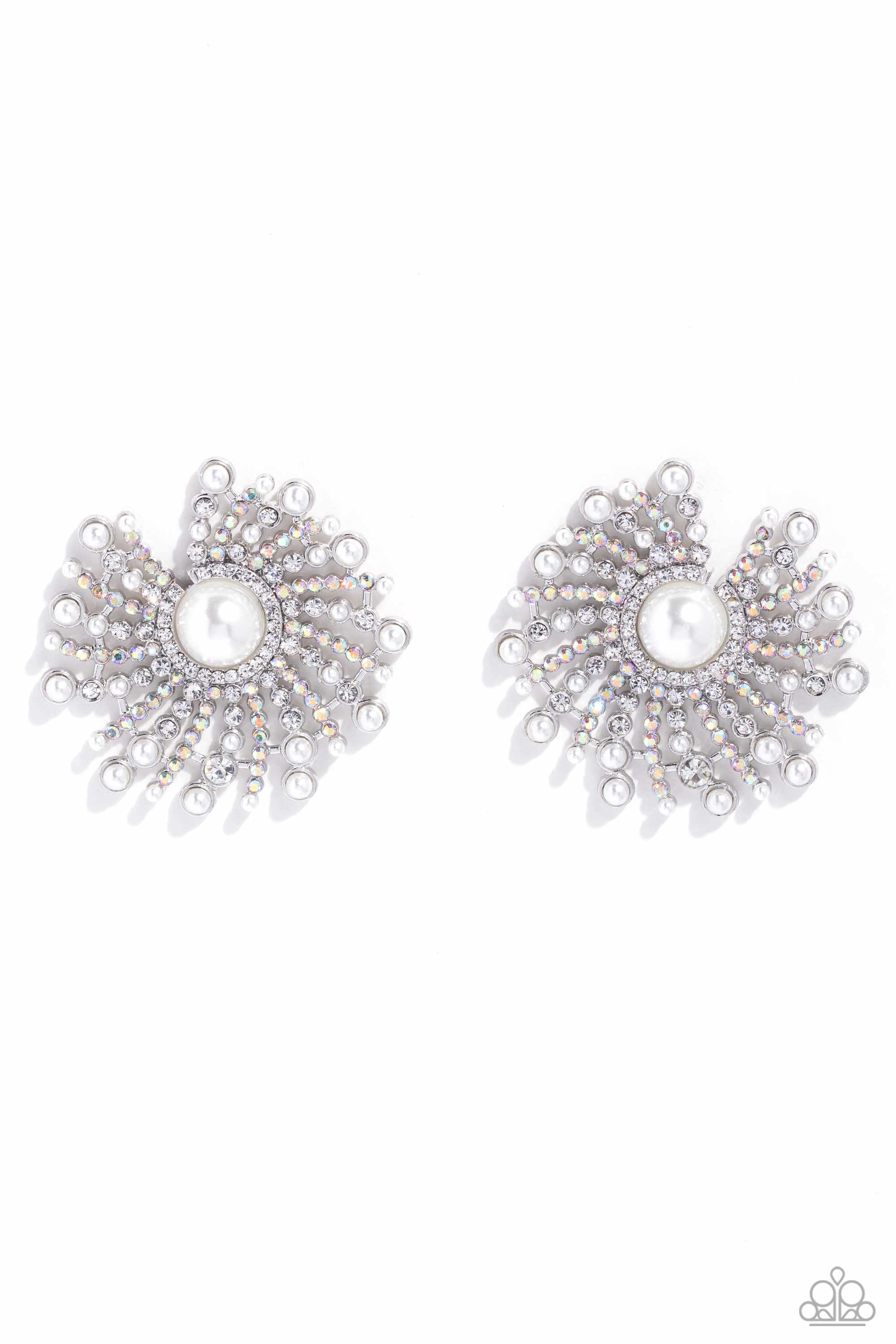 Fancy Fireworks White Pearl & Rhinestone Earrings - Paparazzi Accessories- lightbox - CarasShop.com - $5 Jewelry by Cara Jewels