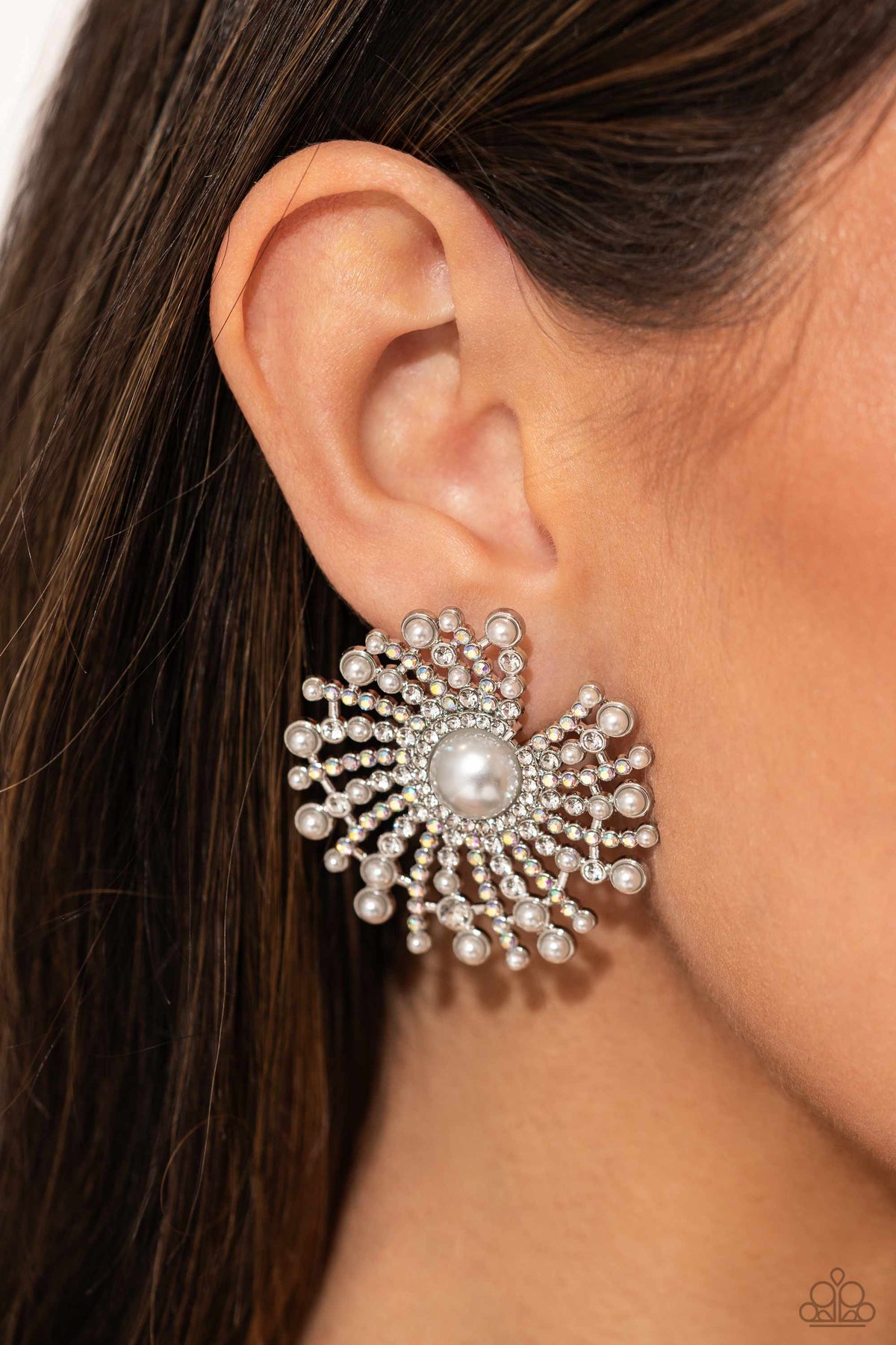 Fancy Fireworks White Pearl &amp; Rhinestone Earrings - Paparazzi Accessories-on model - CarasShop.com - $5 Jewelry by Cara Jewels