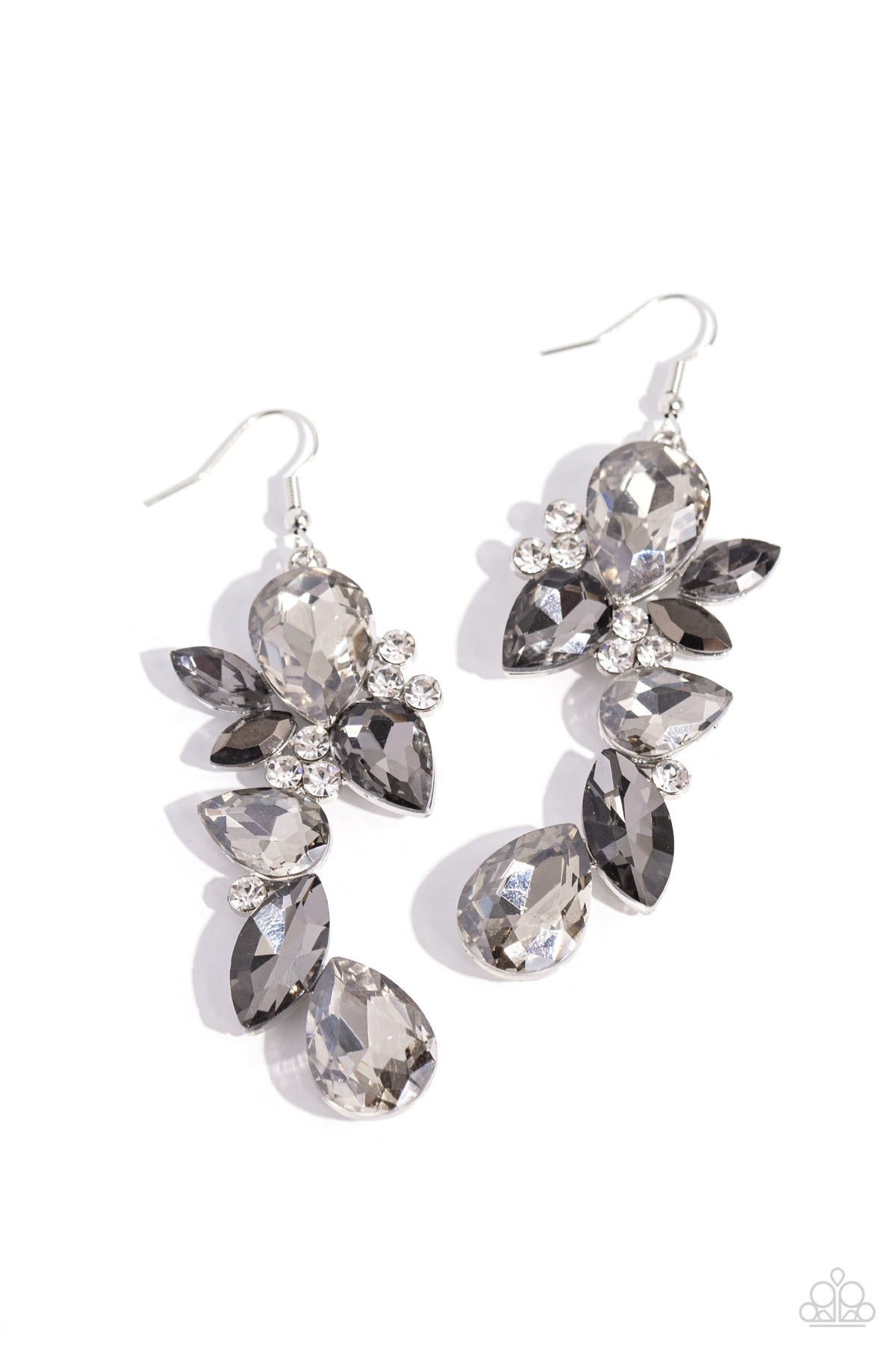 Fancy Flaunter Silver Rhinestone Earrings - Paparazzi Accessories- lightbox - CarasShop.com - $5 Jewelry by Cara Jewels
