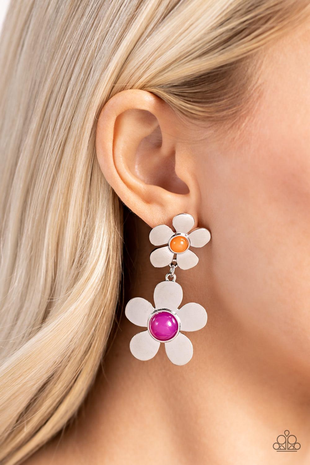 Fashionable Florals Pink &amp; Silver Flower Earrings - Paparazzi Accessories-on model - CarasShop.com - $5 Jewelry by Cara Jewels