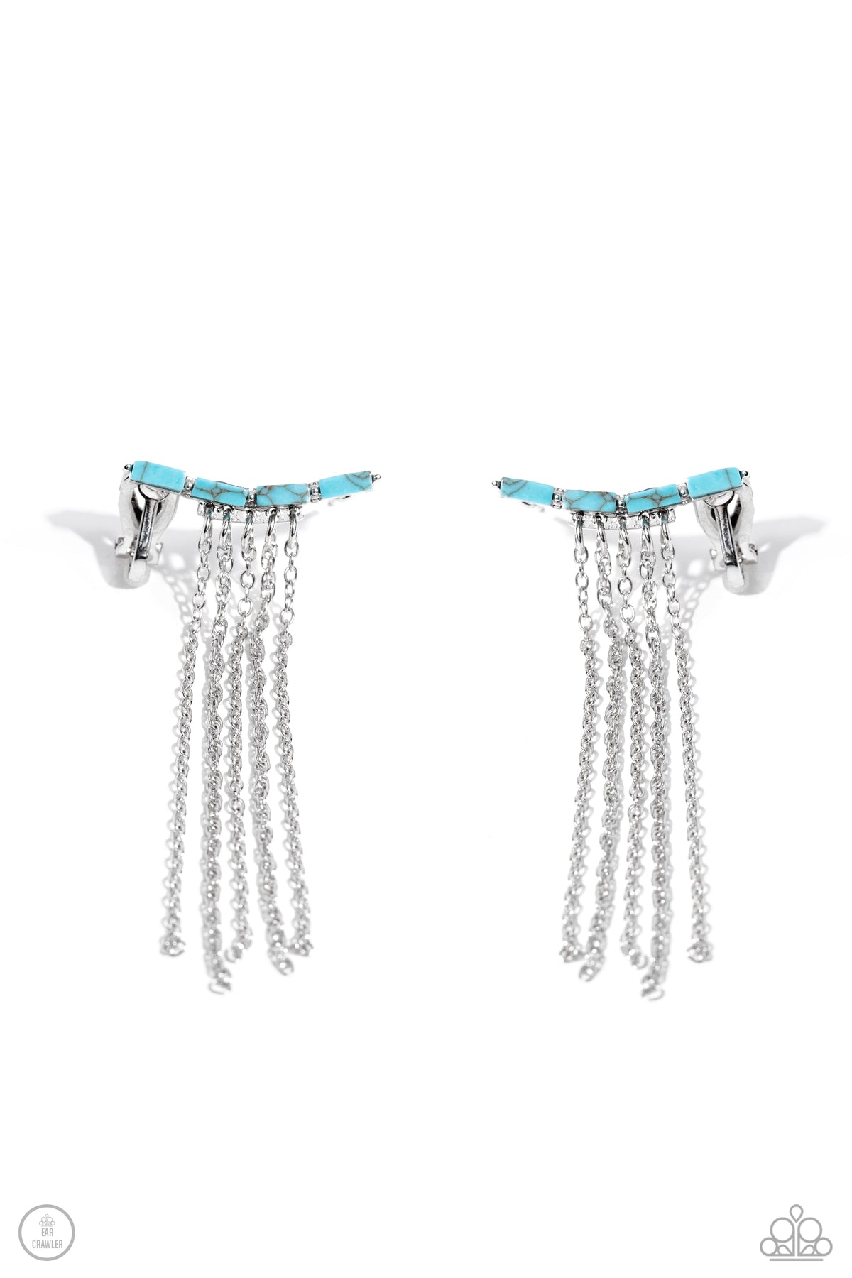 Fault Line Fringe Turquoise Blue Stone &amp; Silver Fringe Ear Crawler Earrings - Paparazzi Accessories- lightbox - CarasShop.com - $5 Jewelry by Cara Jewels