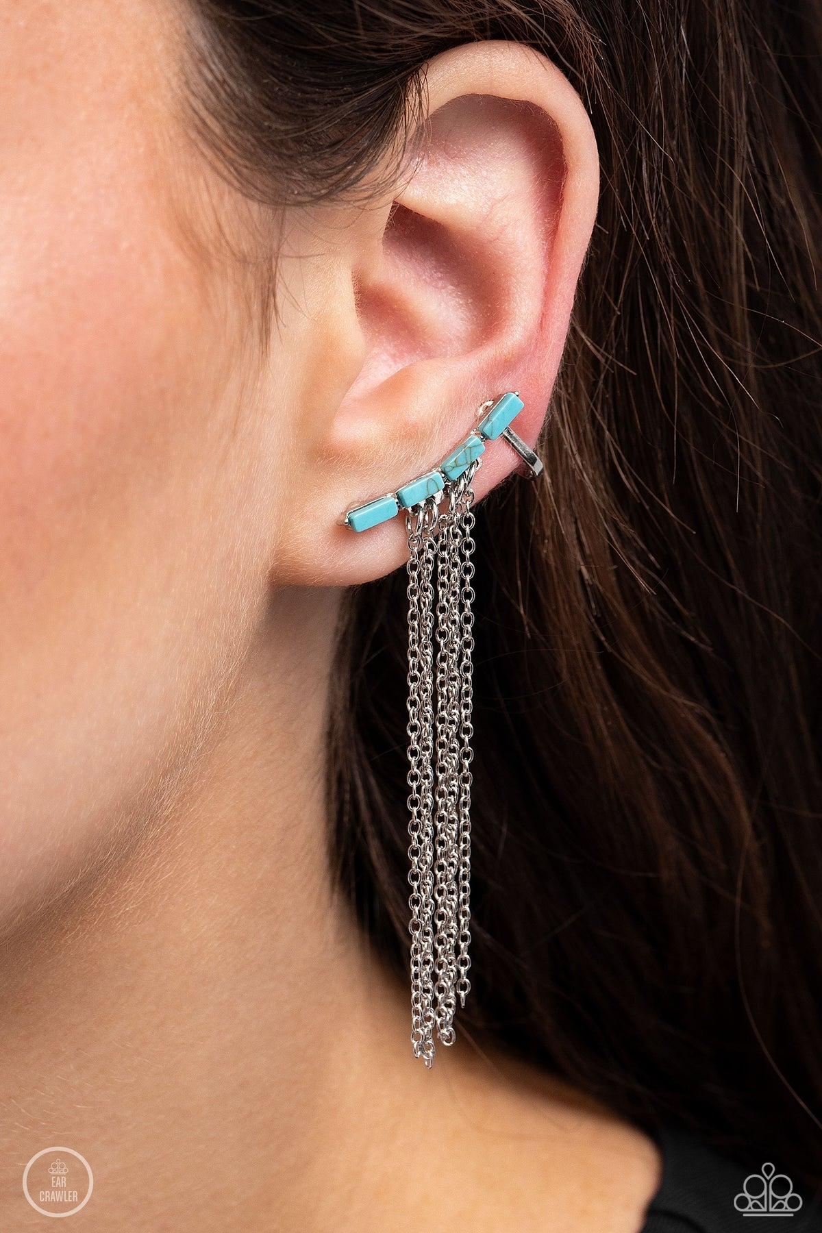 Fault Line Fringe Turquoise Blue Stone &amp; Silver Fringe Ear Crawler Earrings - Paparazzi Accessories-on model - CarasShop.com - $5 Jewelry by Cara Jewels