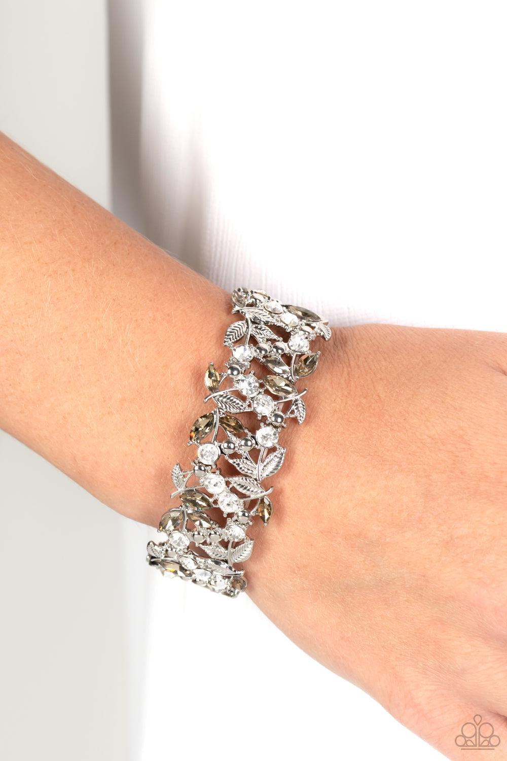 Feathered Finesse Brown &amp; White Rhinestone Bracelet - Paparazzi Accessories-on model - CarasShop.com - $5 Jewelry by Cara Jewels