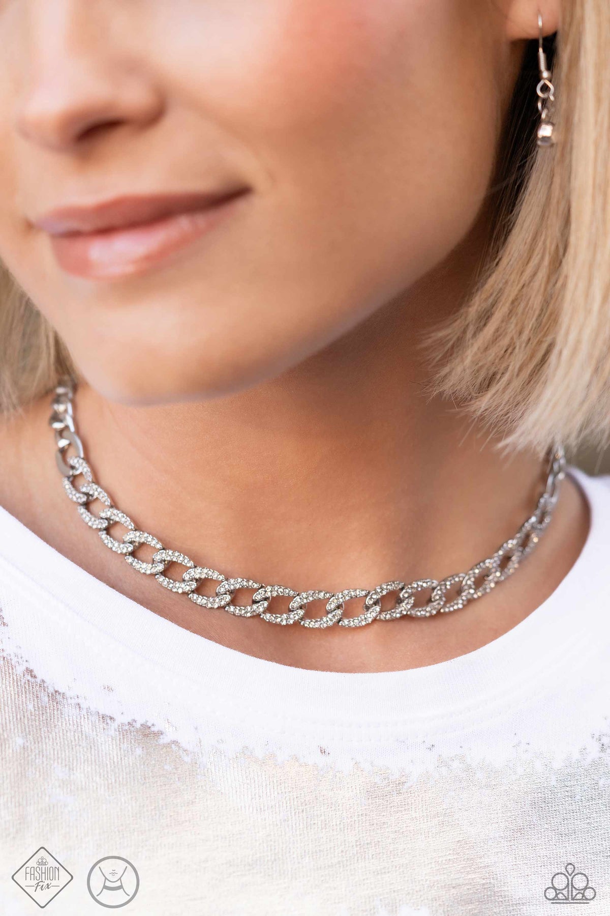 Fiercely Independent White Rhinestone Choker Necklace - Paparazzi Accessories-on model - CarasShop.com - $5 Jewelry by Cara Jewels