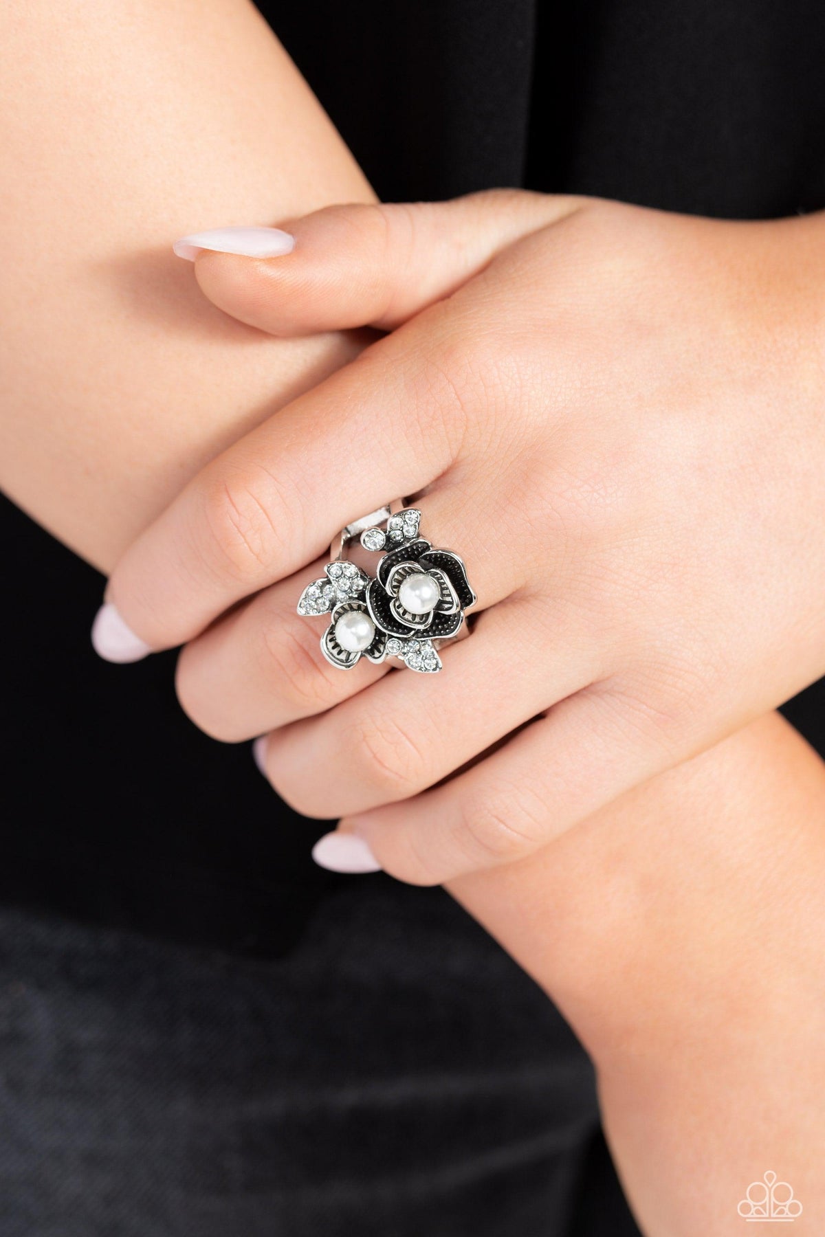 Fine-BLOOMING White Pearl Floral Ring - Paparazzi Accessories-on model - CarasShop.com - $5 Jewelry by Cara Jewels