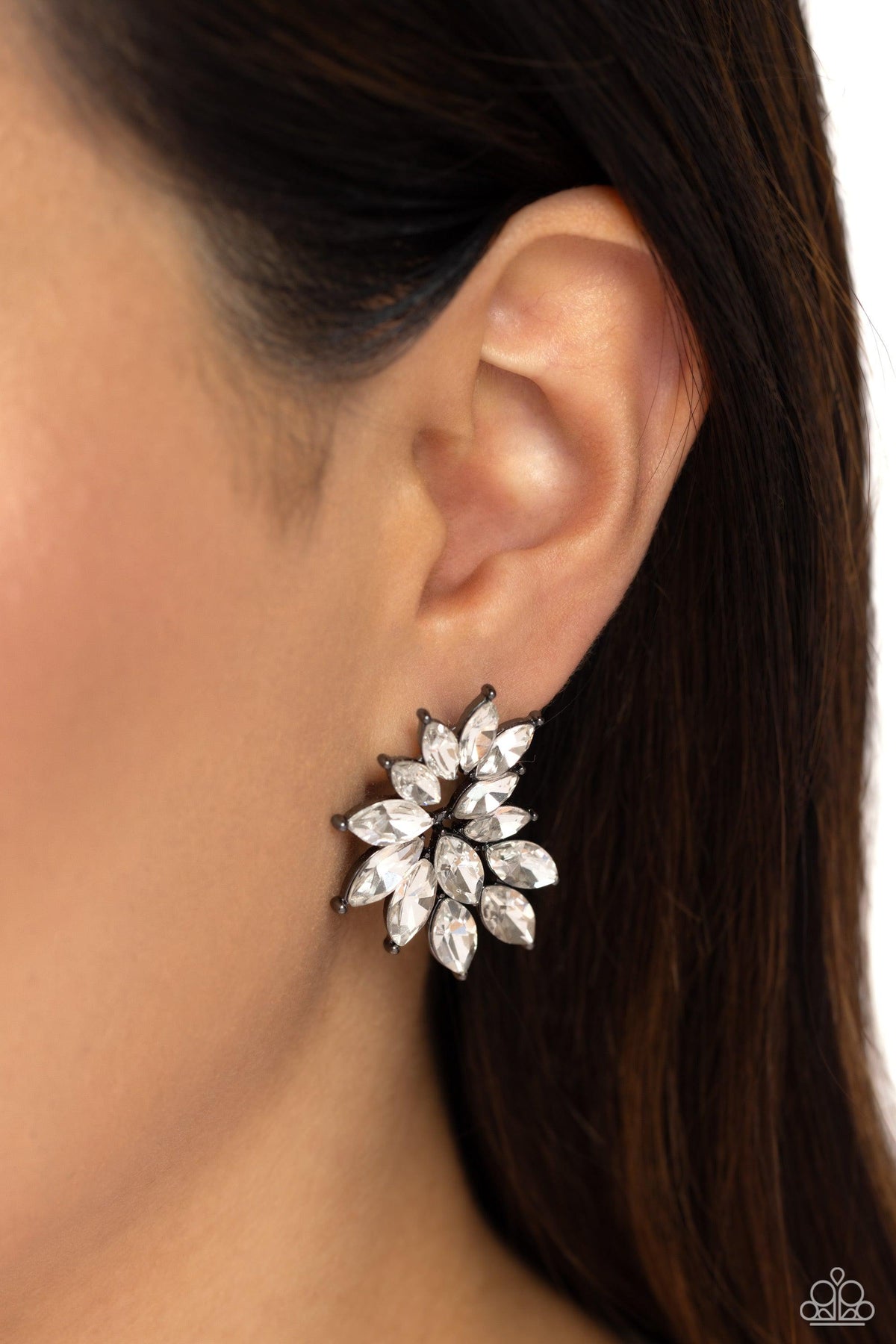 Fire Hazard Gunmetal Black &amp; White Rhinestone Earrings - Paparazzi Accessories-on model - CarasShop.com - $5 Jewelry by Cara Jewels