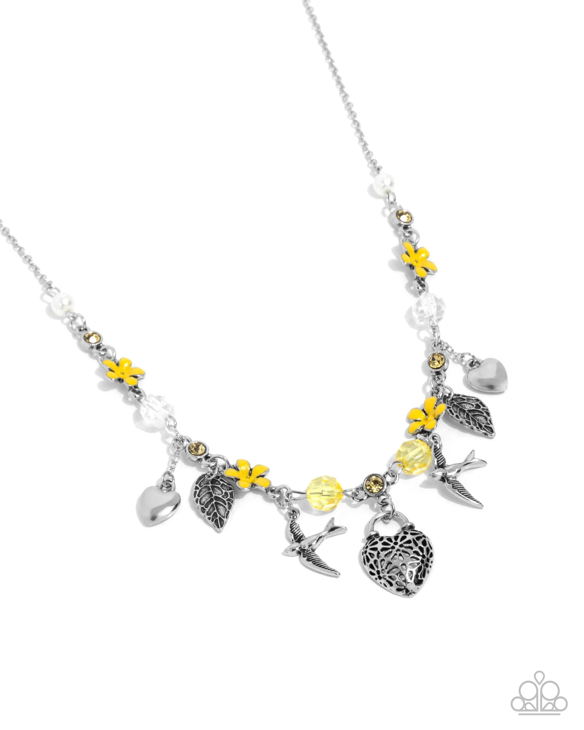 Flight of the Sparrow Yellow Flower and Silver Charm Necklace - Paparazzi Accessories- lightbox - CarasShop.com - $5 Jewelry by Cara Jewels