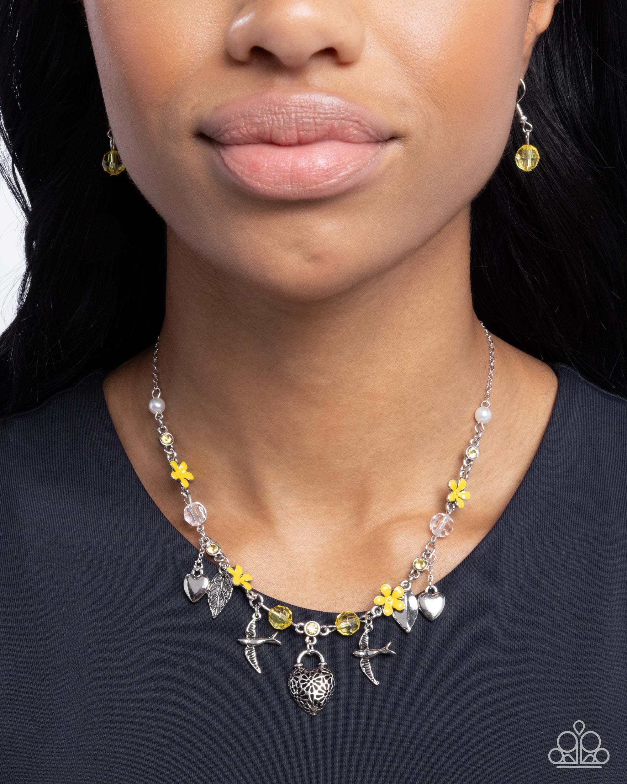 Flight of the Sparrow Yellow Flower and Silver Charm Necklace - Paparazzi Accessories- lightbox - CarasShop.com - $5 Jewelry by Cara Jewels