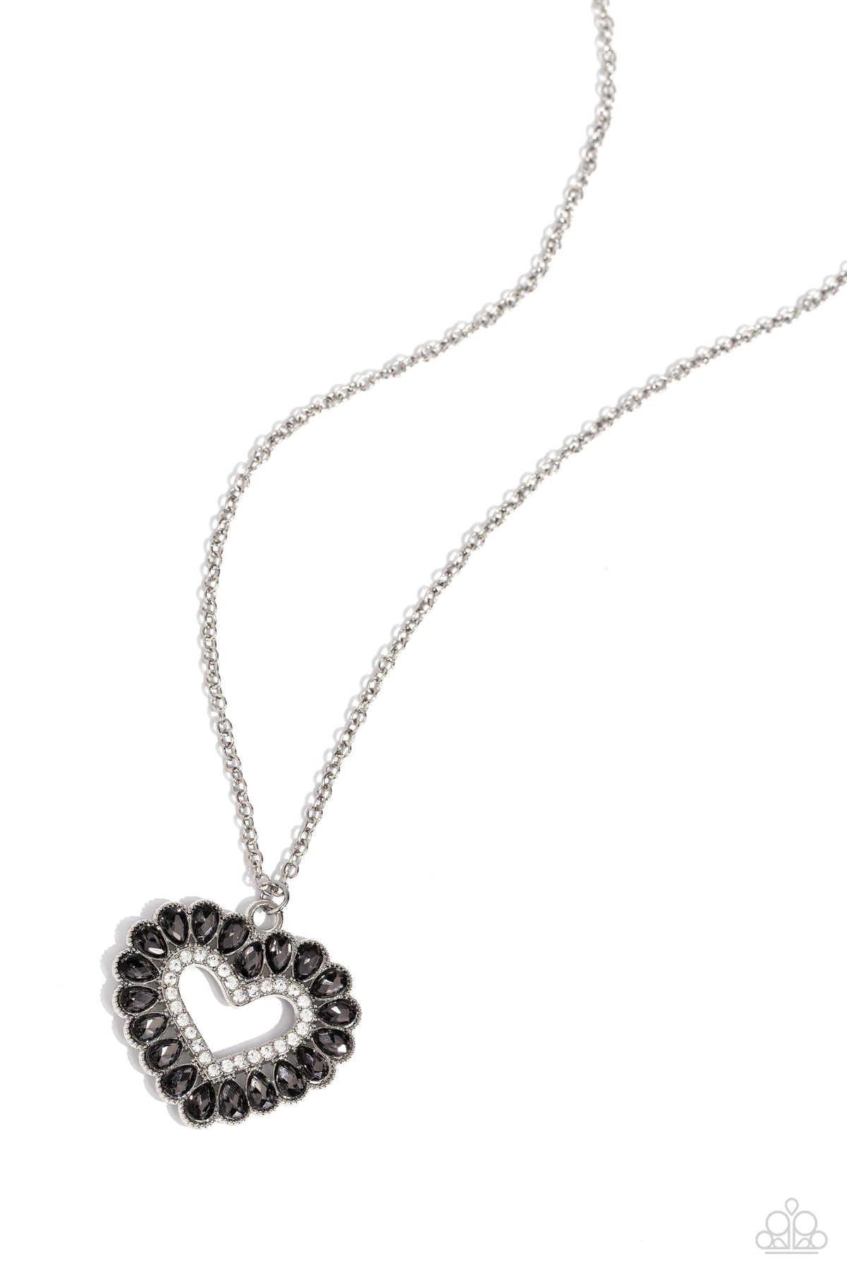 FLIRT No More Silver &amp; White Rhinestone Heart Necklace - Paparazzi Accessories- lightbox - CarasShop.com - $5 Jewelry by Cara Jewels