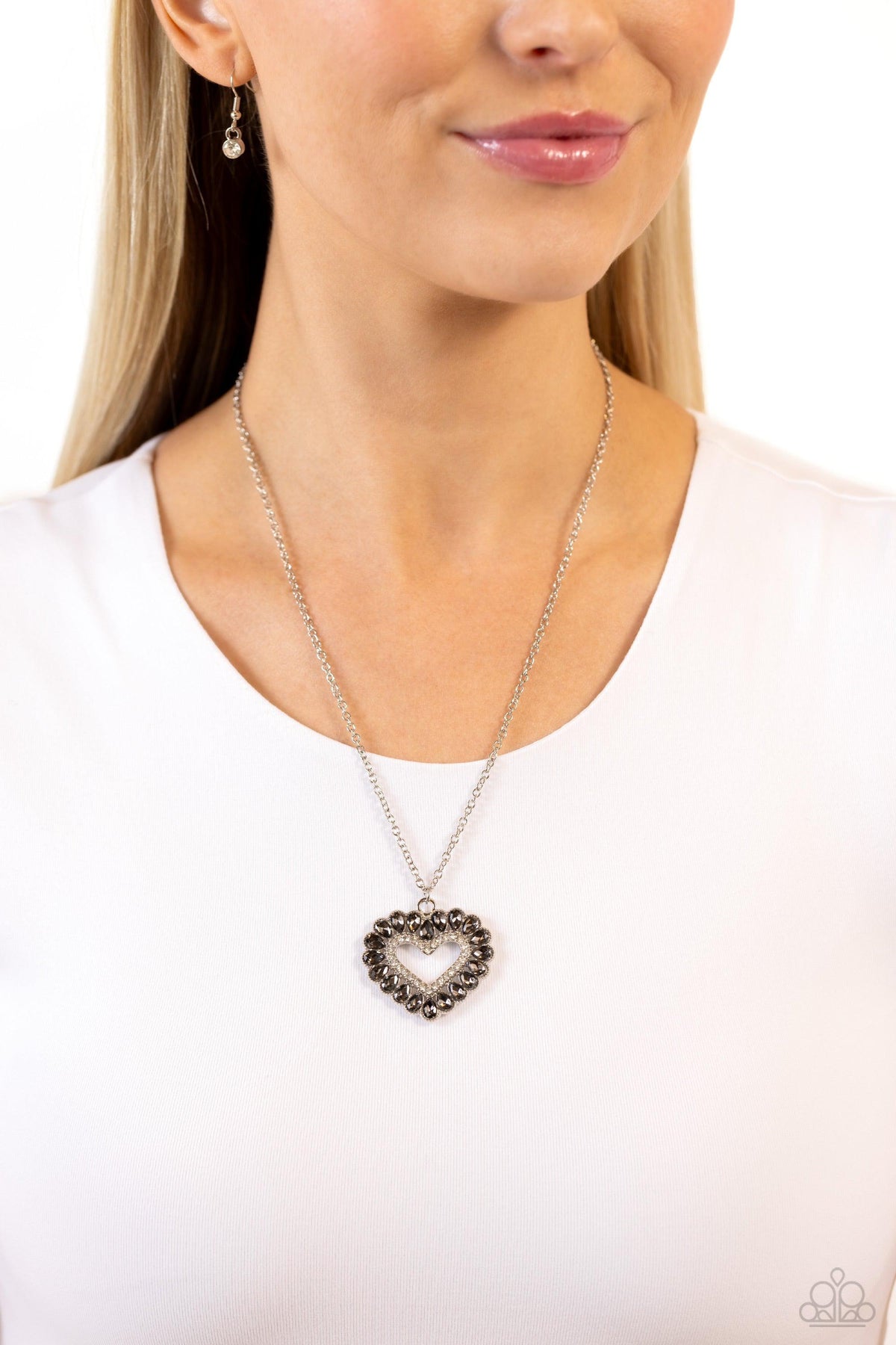 FLIRT No More Silver &amp; White Rhinestone Heart Necklace - Paparazzi Accessories-on model - CarasShop.com - $5 Jewelry by Cara Jewels
