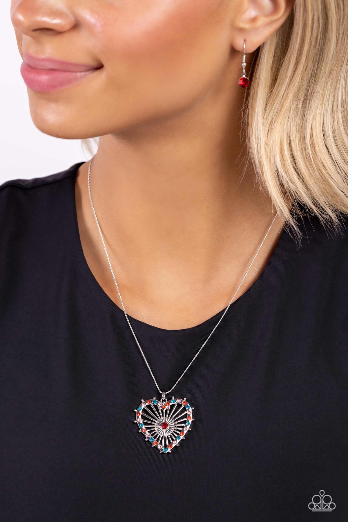 Flirting Ferris Wheel Red Rhinestone Heart Necklace - Paparazzi Accessories-on model - CarasShop.com - $5 Jewelry by Cara Jewels