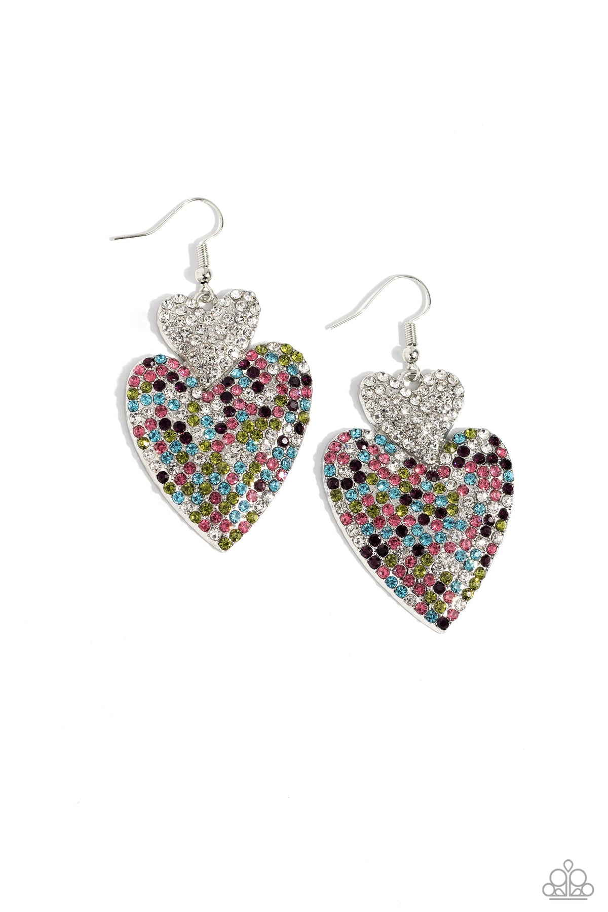 Flirting Flourish White &amp; Multi Rhinestone Heart Earrings - Paparazzi Accessories- lightbox - CarasShop.com - $5 Jewelry by Cara Jewels