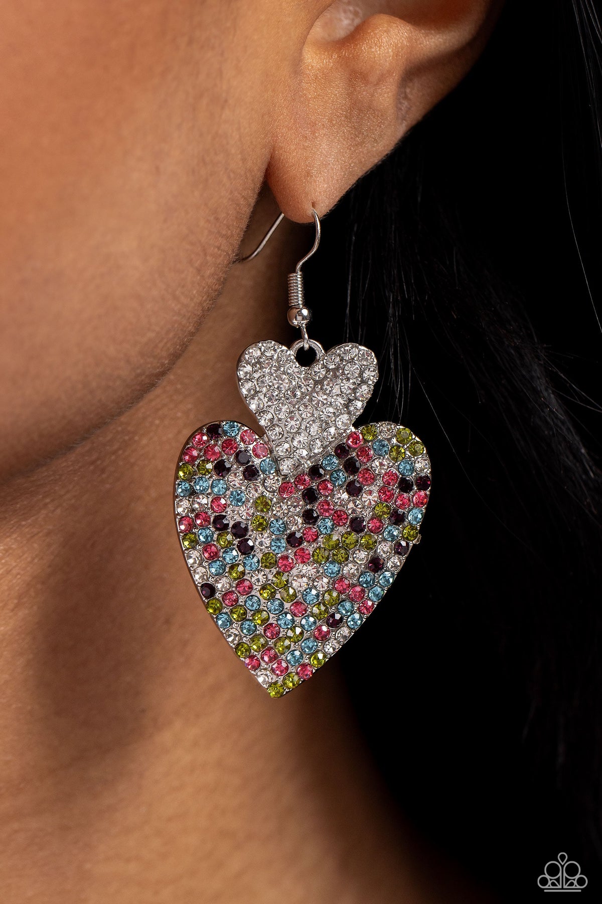 Flirting Flourish White &amp; Multi Rhinestone Heart Earrings - Paparazzi Accessories-on model - CarasShop.com - $5 Jewelry by Cara Jewels