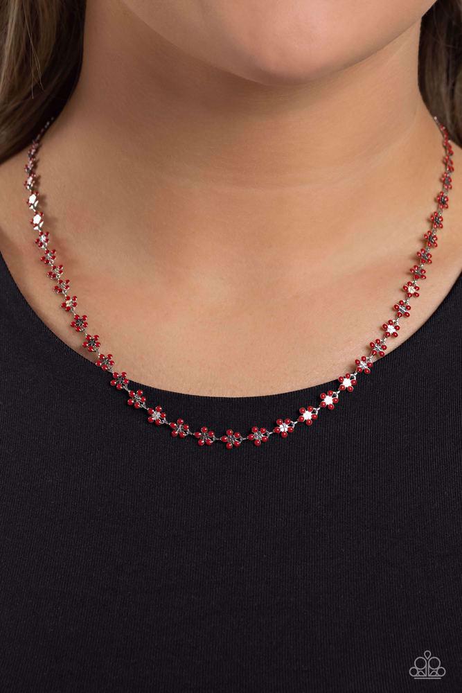 Floral Catwalk Red Necklace - Paparazzi Accessories-on model - CarasShop.com - $5 Jewelry by Cara Jewels