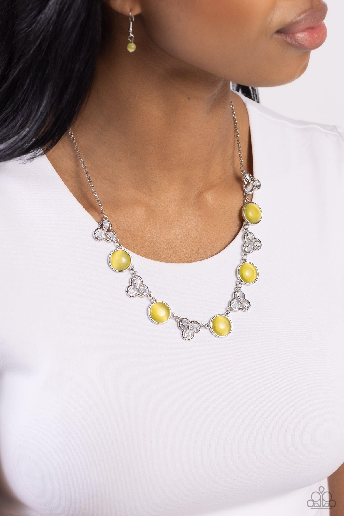 Floral Crowned Yellow Cat&#39;s Eye Stone Necklace - Paparazzi Accessories-on model - CarasShop.com - $5 Jewelry by Cara Jewels