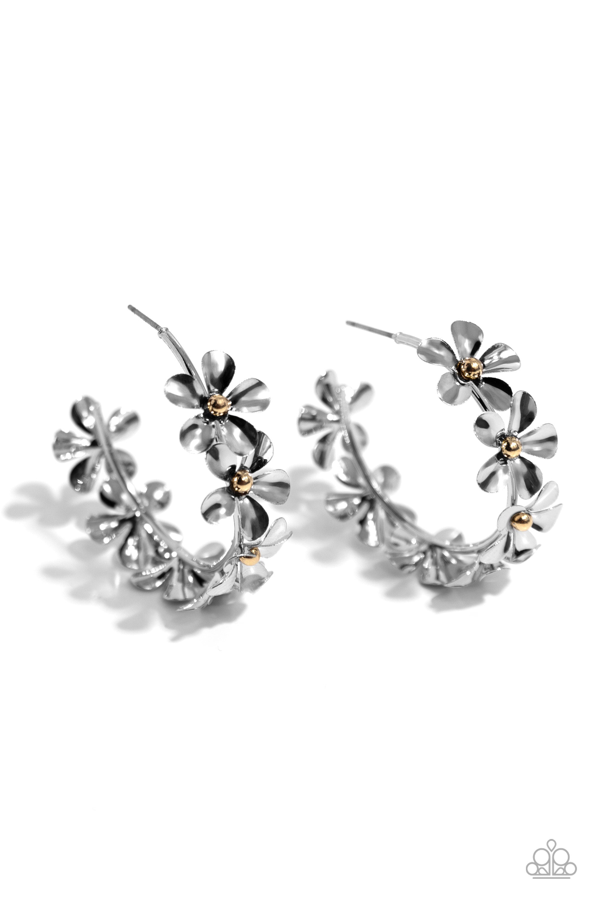 Floral Flamenco Silver Flower Hoop Earrings - Paparazzi Accessories- lightbox - CarasShop.com - $5 Jewelry by Cara Jewels
