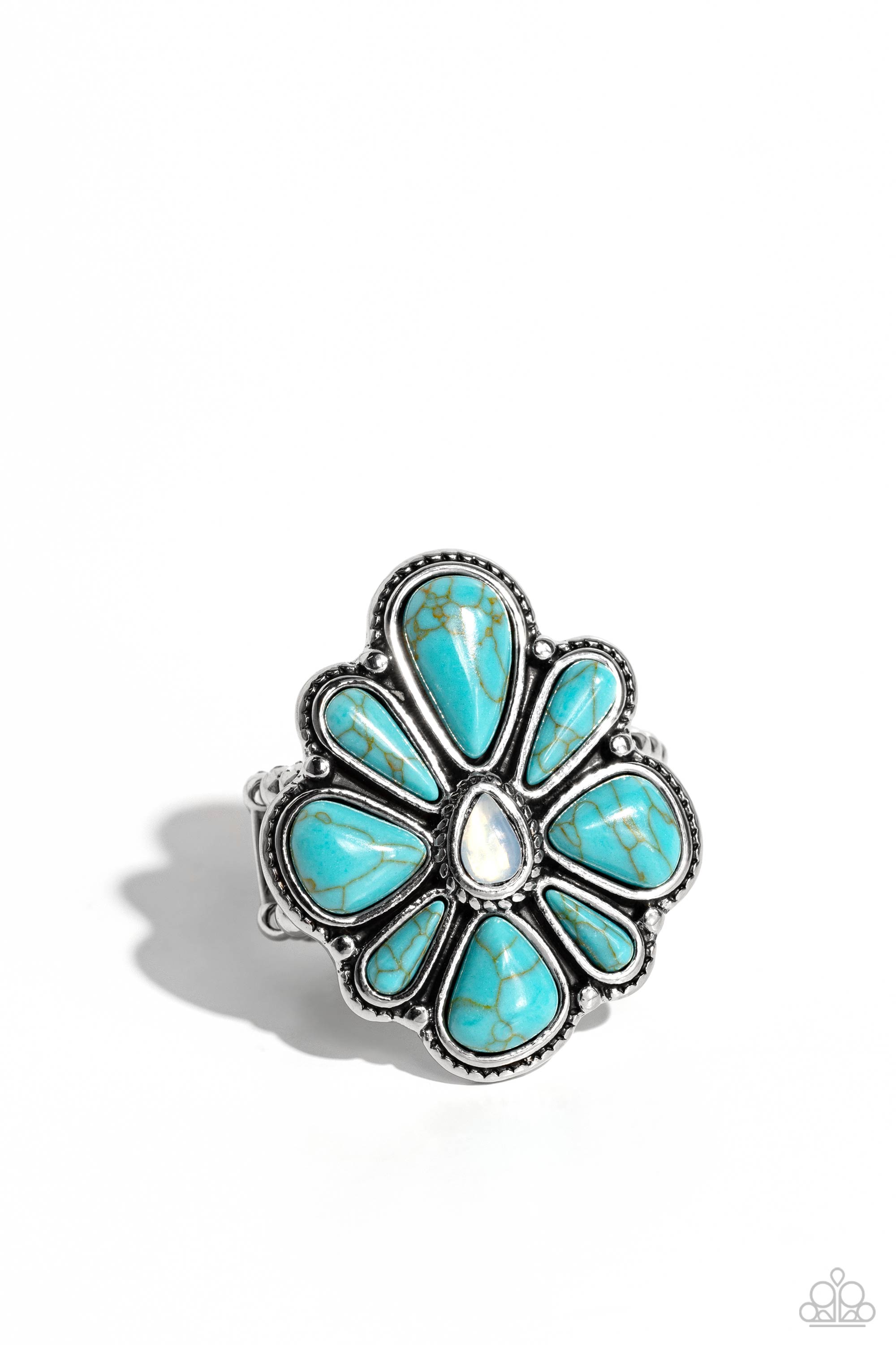 Floral Folklore Turquoise Blue Stone Flower Ring - Paparazzi Accessories- lightbox - CarasShop.com - $5 Jewelry by Cara Jewels