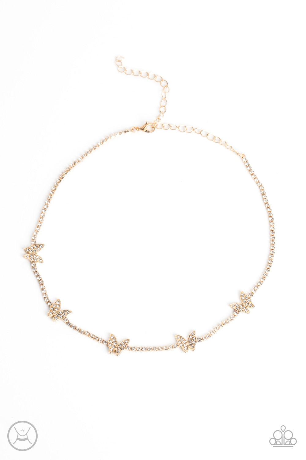 Fluttering Fanatic Gold & White Rhinestone Butterfly Choker Necklace - Paparazzi Accessories- lightbox - CarasShop.com - $5 Jewelry by Cara Jewels