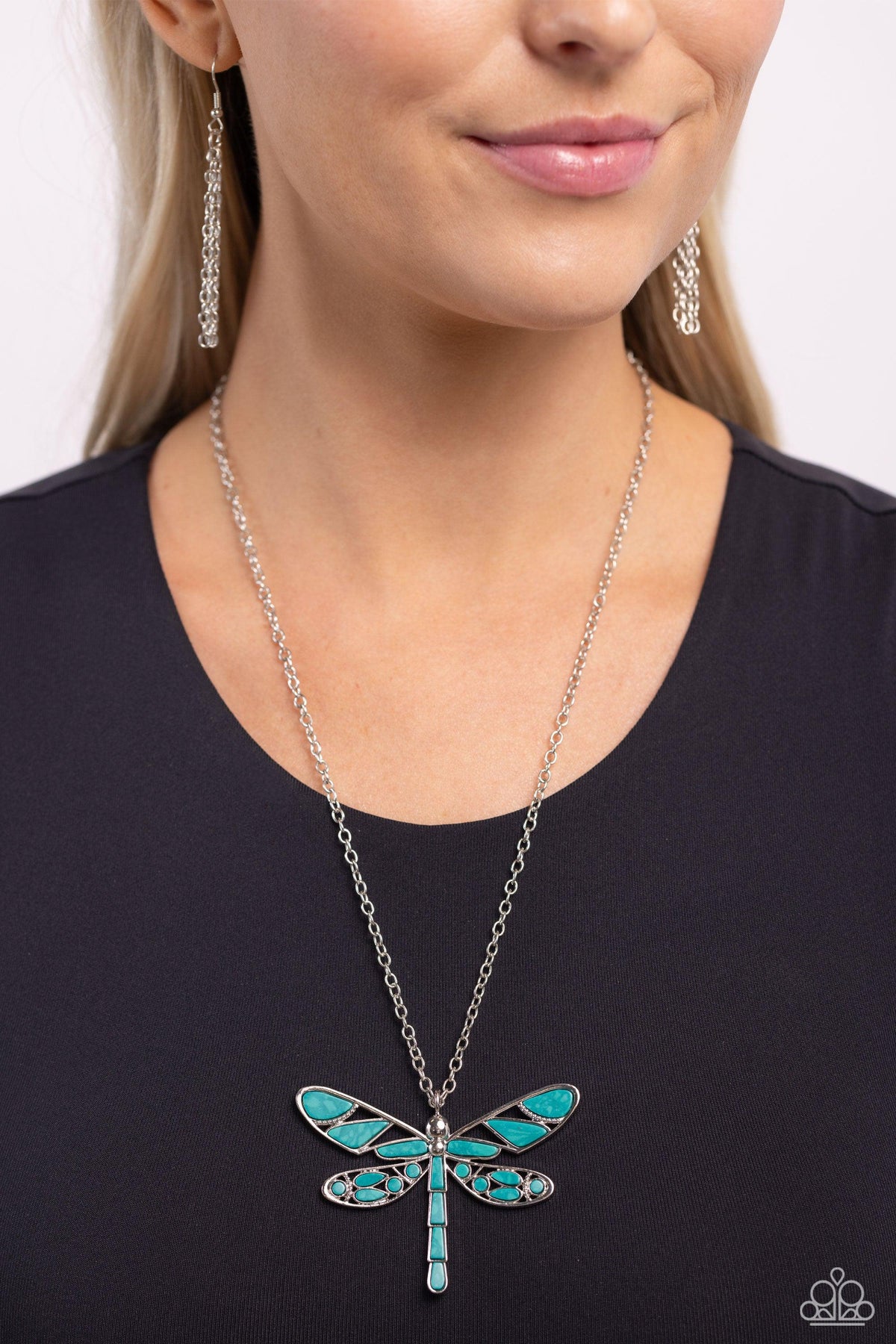 FLYING Low Teal Green Stone Dragonfly Necklace - Paparazzi Accessories-on model - CarasShop.com - $5 Jewelry by Cara Jewels
