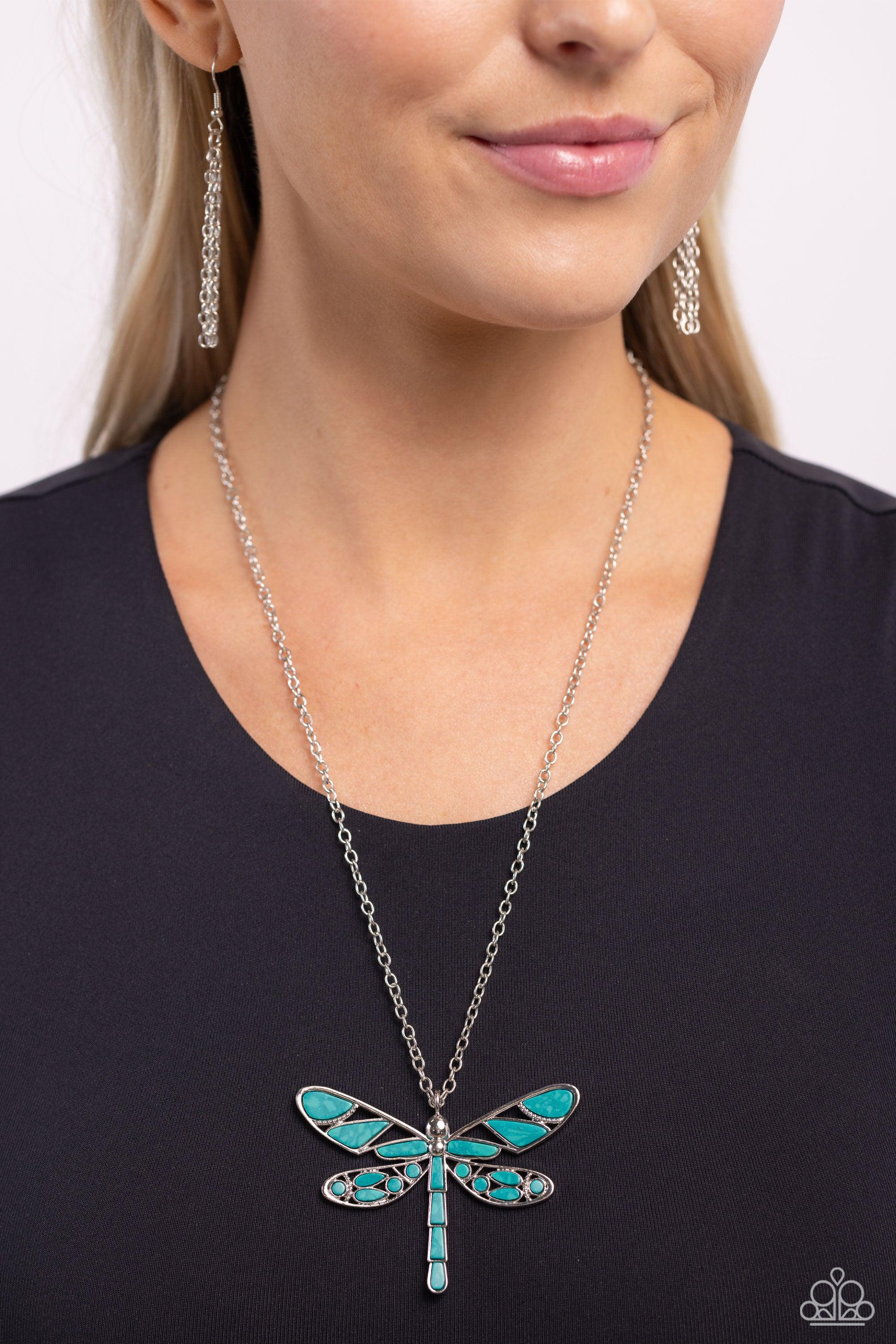 FLYING Low Teal Green Stone Dragonfly Necklace - Paparazzi Accessories- lightbox - CarasShop.com - $5 Jewelry by Cara Jewels