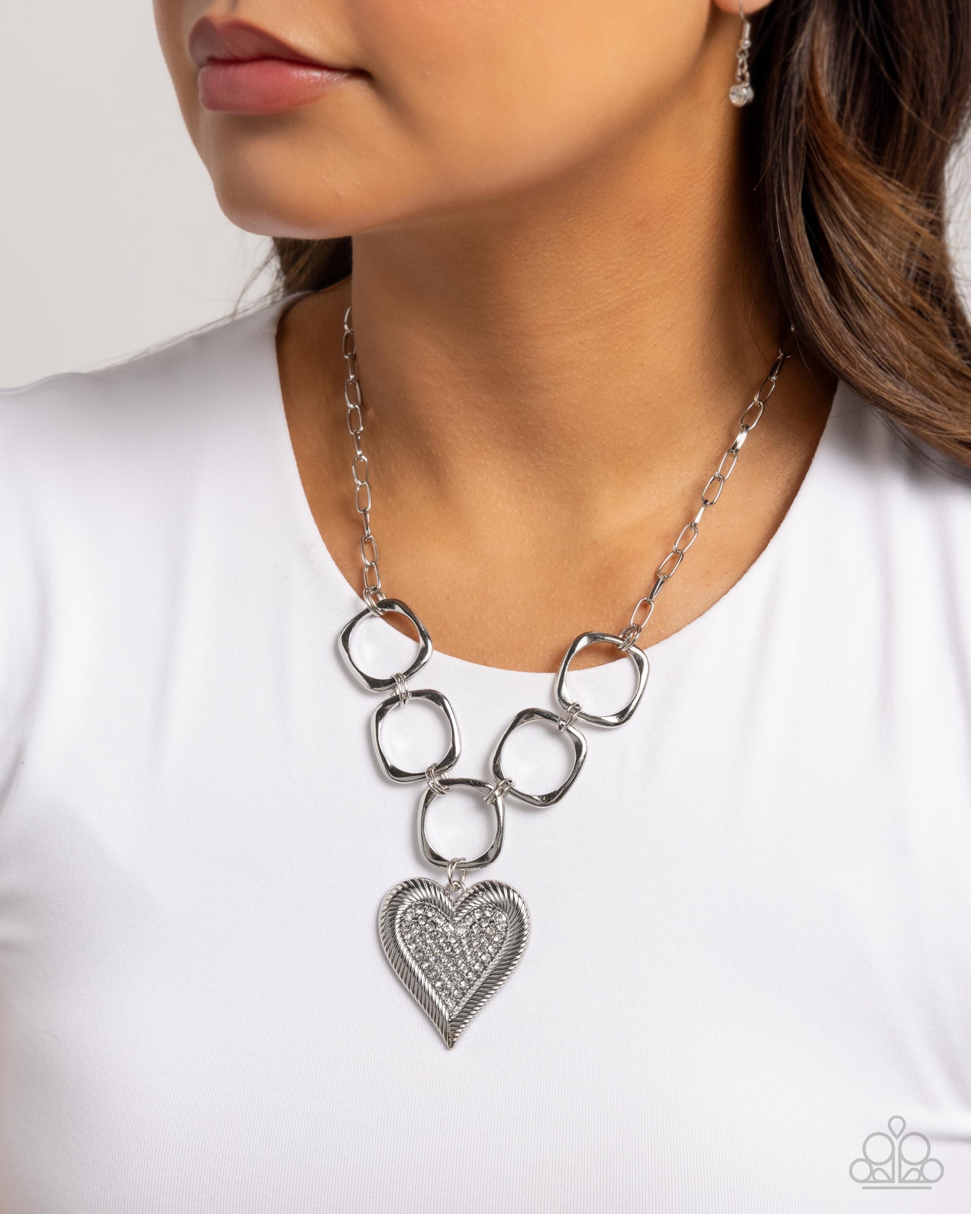 Focused Affection White Rhinestone Heart Necklace - Paparazzi Accessories- lightbox - CarasShop.com - $5 Jewelry by Cara Jewels