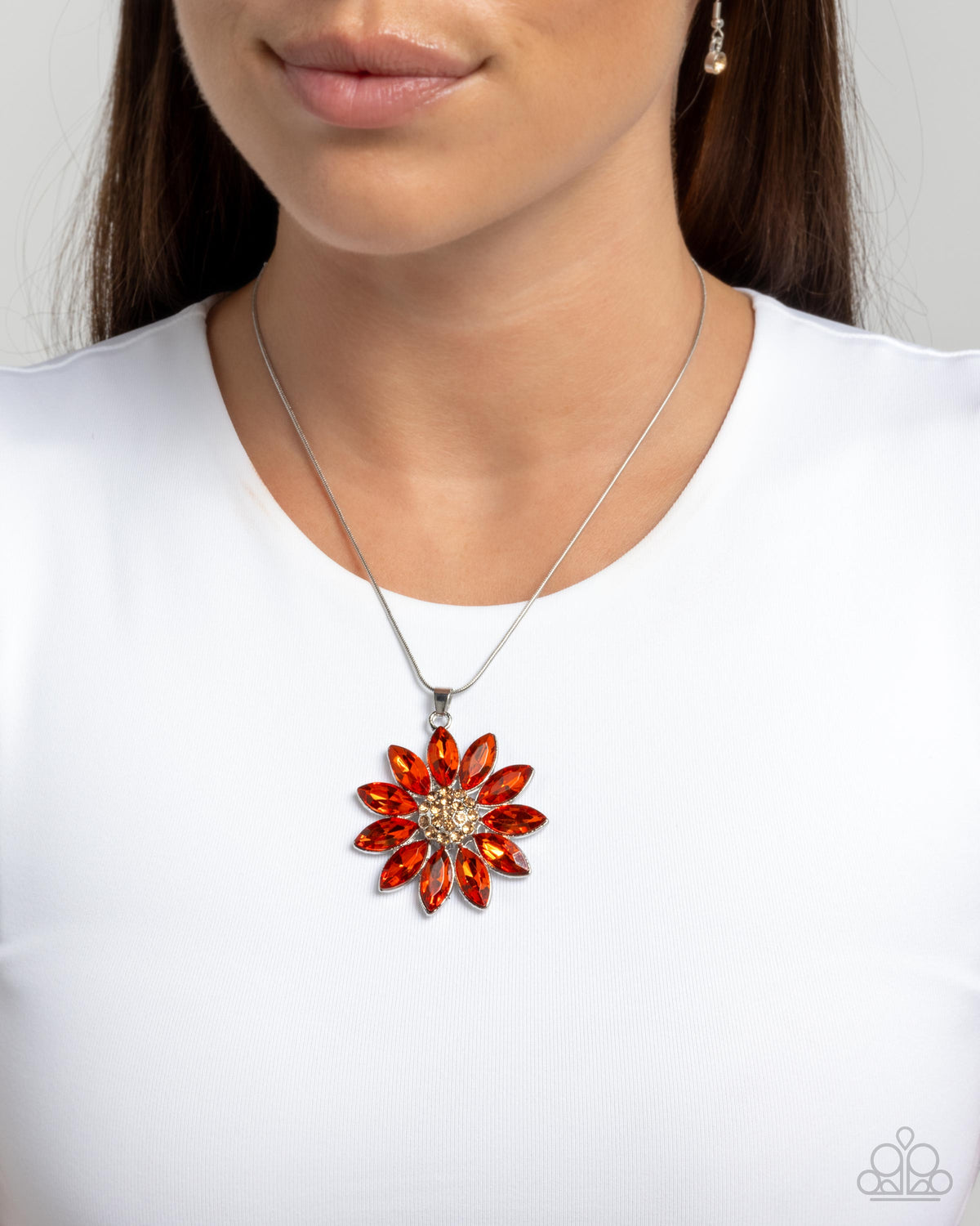 Fortunate Floral Orange Rhinestone Necklace - Paparazzi Accessories-on model - CarasShop.com - $5 Jewelry by Cara Jewels