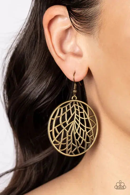 Fractured Foliage Brass Earrings - Paparazzi Accessories- on model - CarasShop.com - $5 Jewelry by Cara Jewels