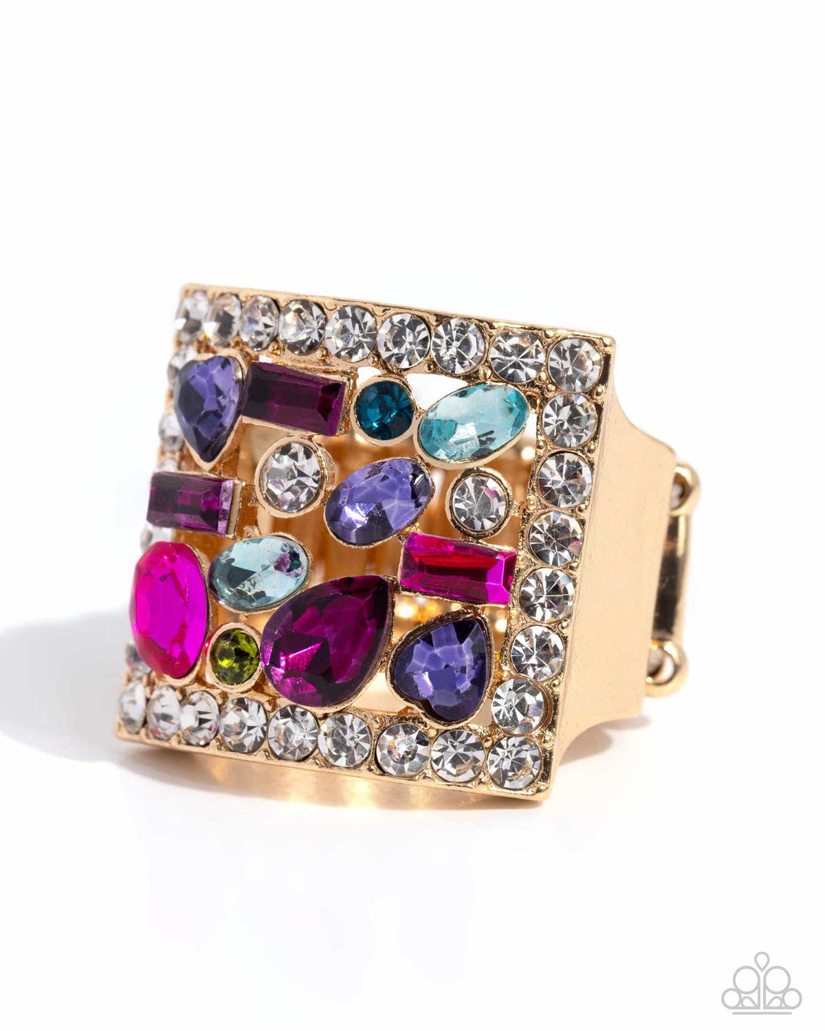 Framed Finesse Multi Rhinestone &amp; Gold Ring - Paparazzi Accessories- lightbox - CarasShop.com - $5 Jewelry by Cara Jewels