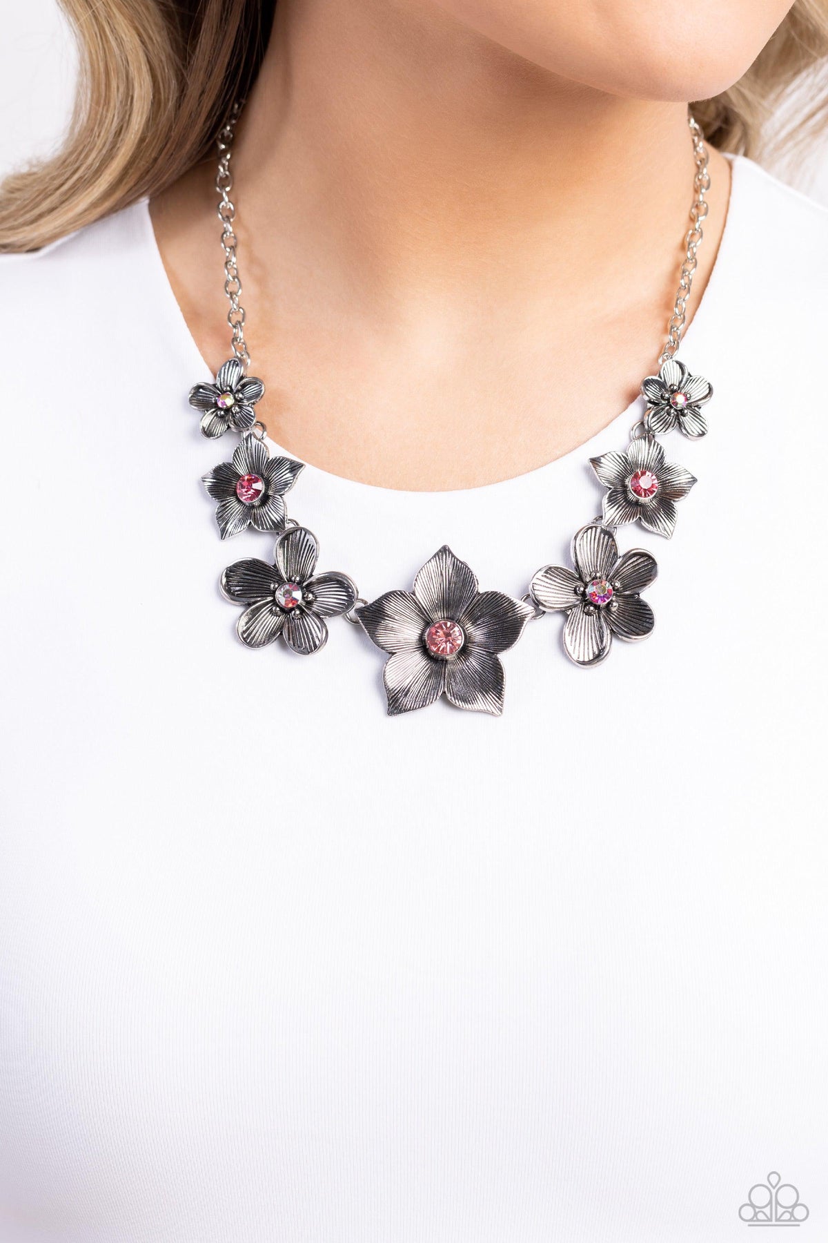 Free FLORAL Pink Necklace - Paparazzi Accessories-on model - CarasShop.com - $5 Jewelry by Cara Jewels