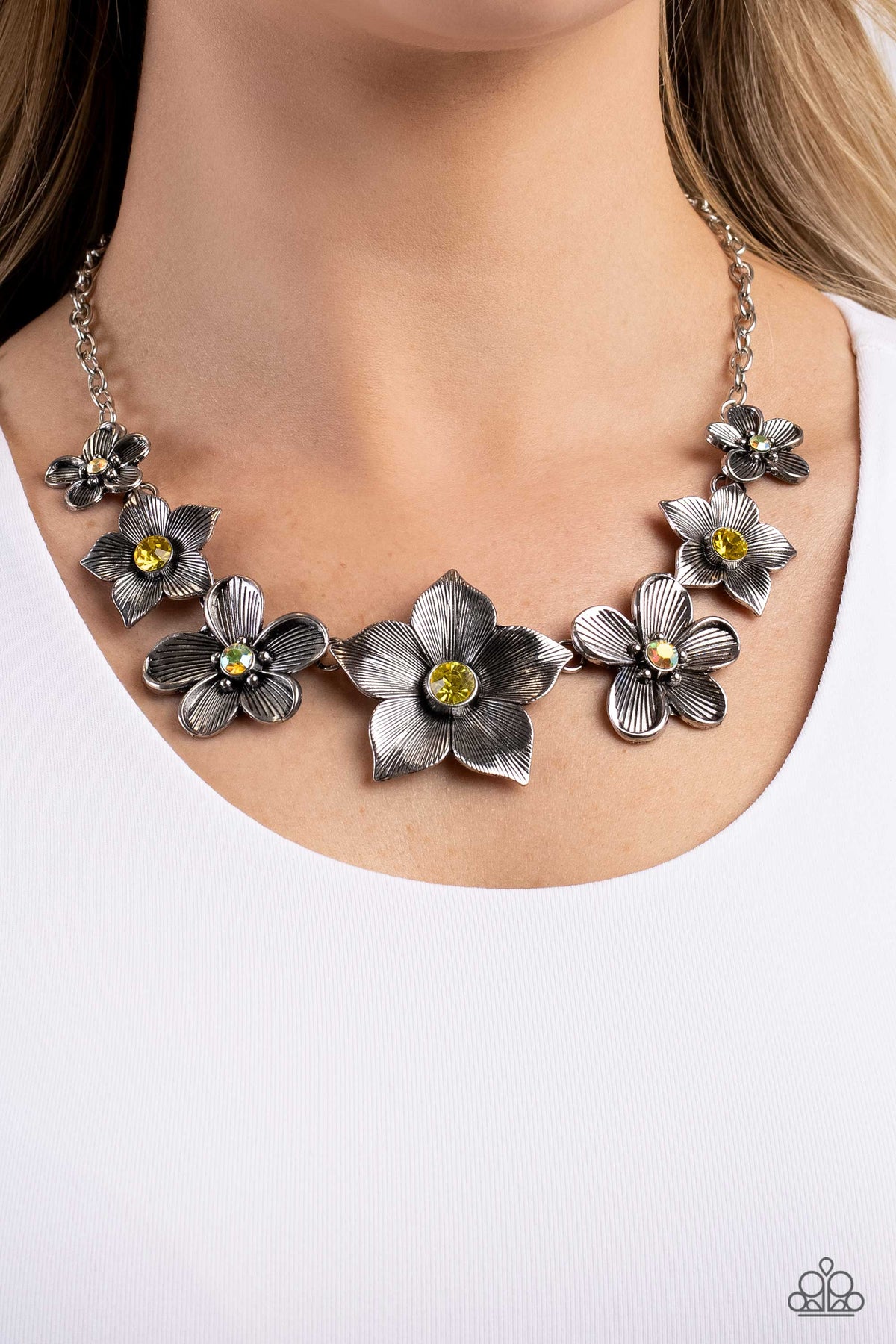 Free FLORAL Yellow Flower Necklace - Paparazzi Accessories-on model - CarasShop.com - $5 Jewelry by Cara Jewels