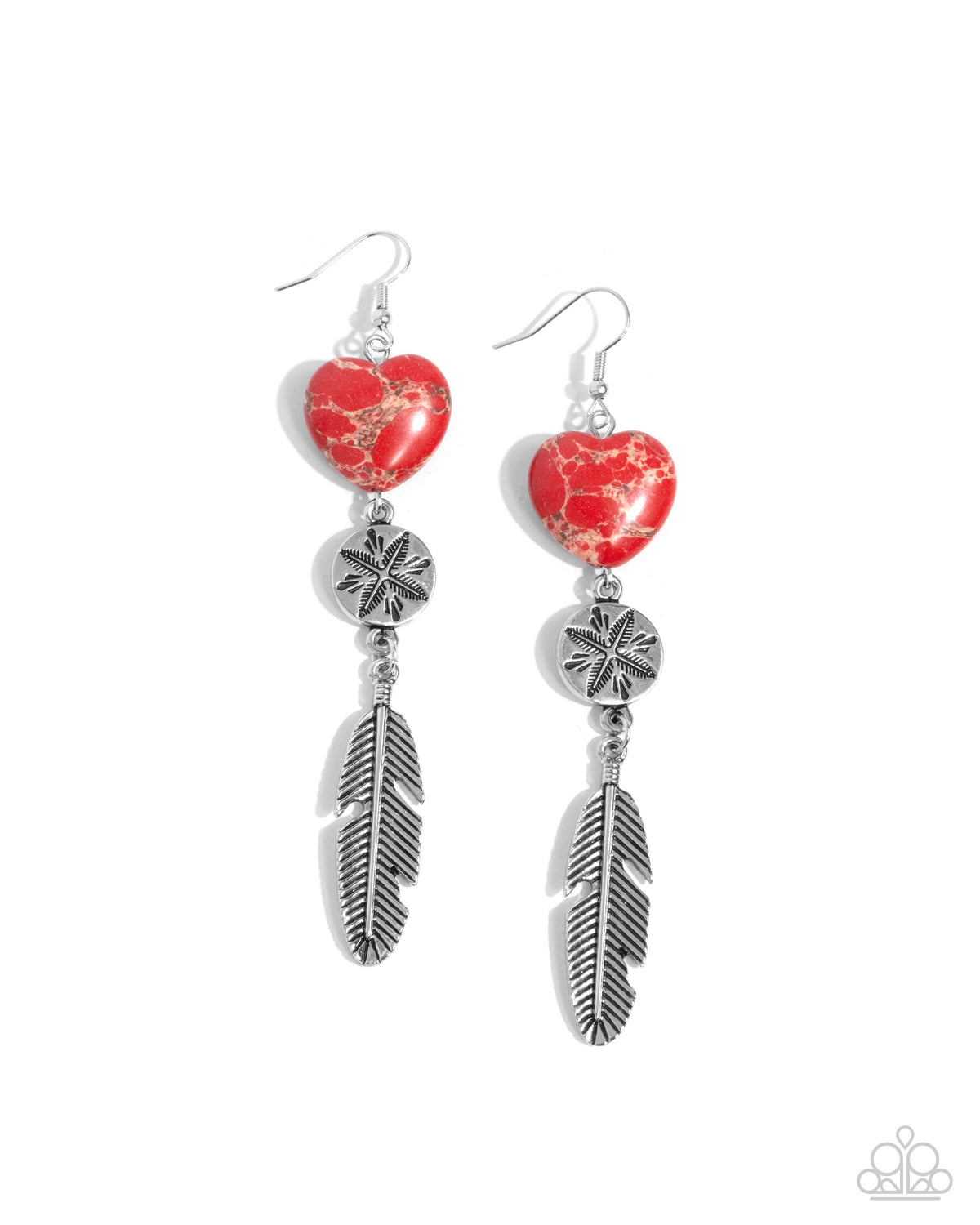 Free-Spirited Fame Red Stone Heart &amp; Silver Feather Earrings - Paparazzi Accessories- lightbox - CarasShop.com - $5 Jewelry by Cara Jewels