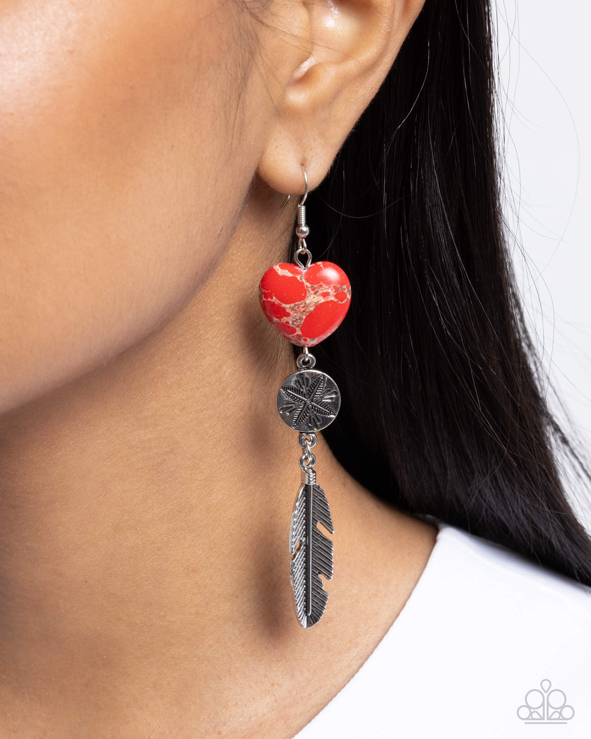 Free-Spirited Fame Red Stone Heart &amp; Silver Feather Earrings - Paparazzi Accessories-on model - CarasShop.com - $5 Jewelry by Cara Jewels