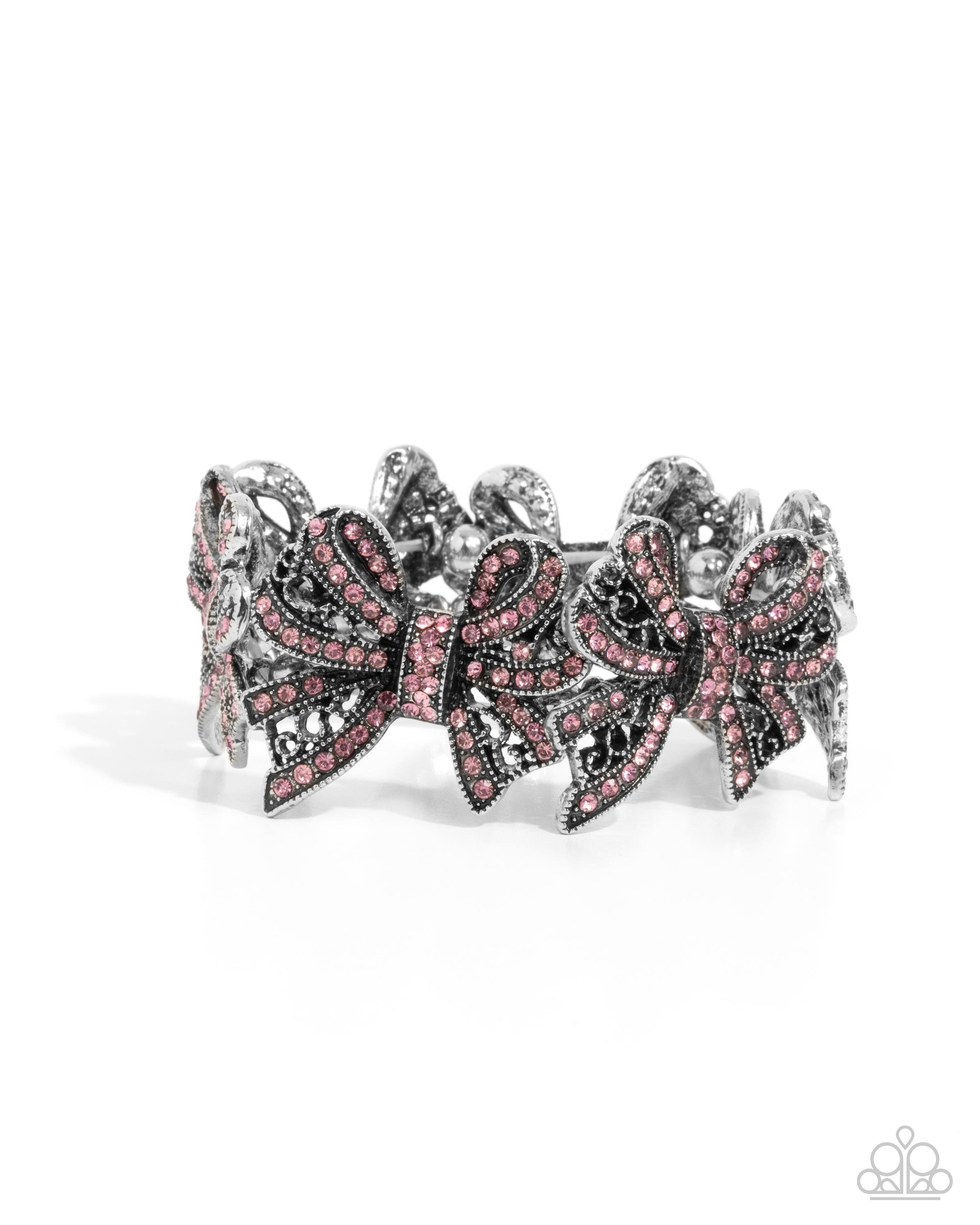 French Flourish Pink Rhinestone Bow Bracelet - Paparazzi Accessories- lightbox - CarasShop.com - $5 Jewelry by Cara Jewels