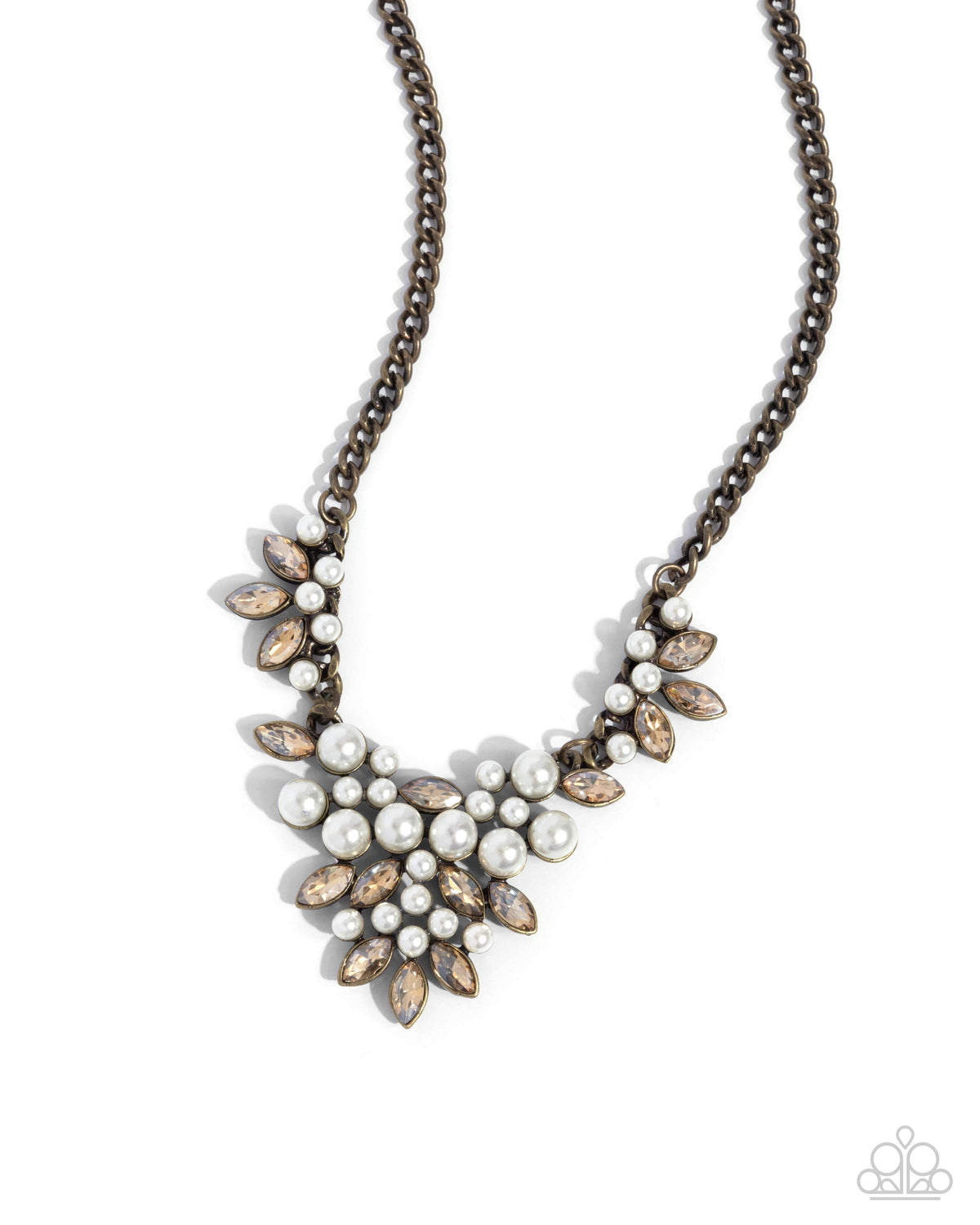 Fresh Facets Brass Rhinestone and Pearl Necklace - Paparazzi Accessories- lightbox - CarasShop.com - $5 Jewelry by Cara Jewels