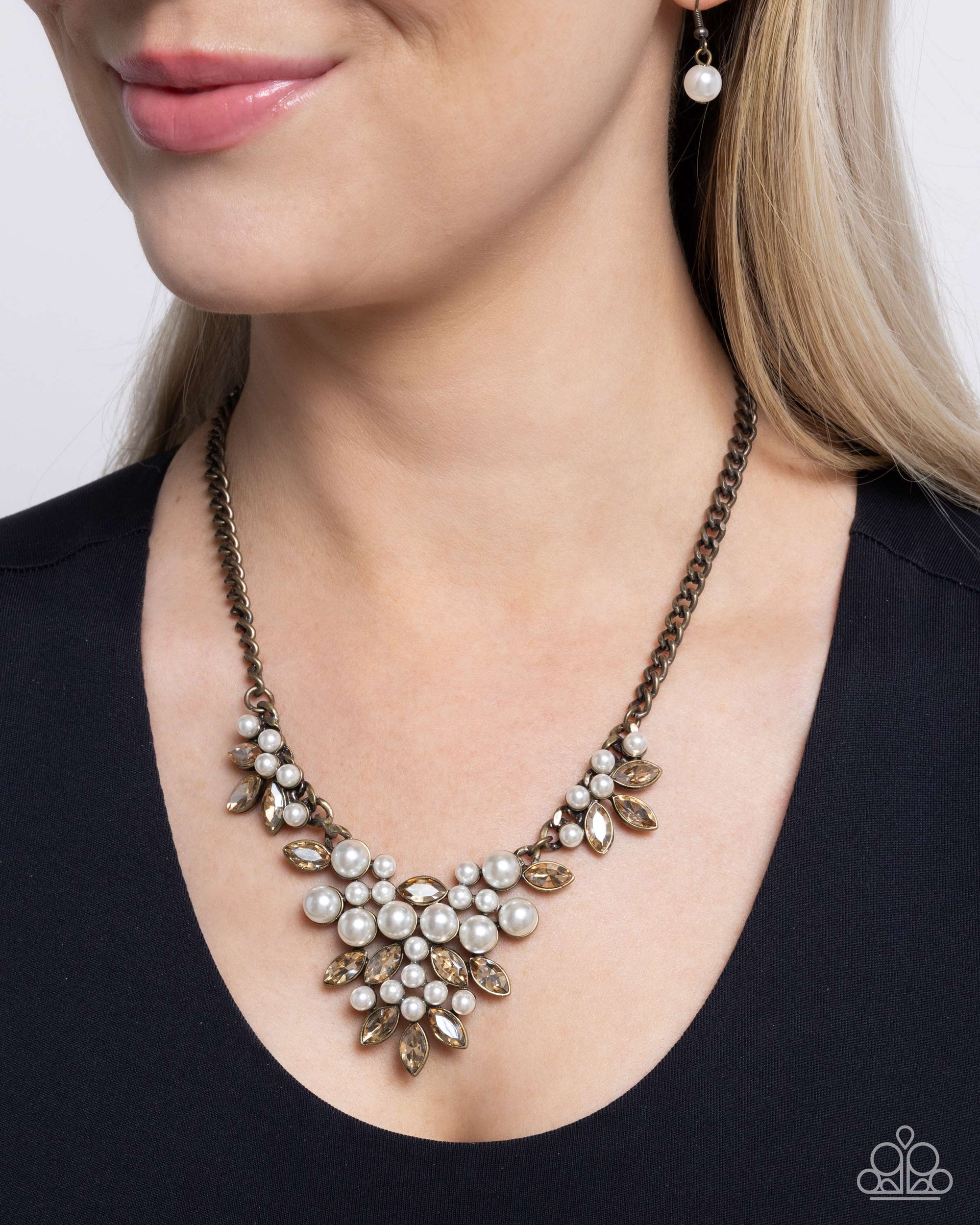 Fresh Facets Brass Rhinestone and Pearl Necklace - Paparazzi Accessories- lightbox - CarasShop.com - $5 Jewelry by Cara Jewels