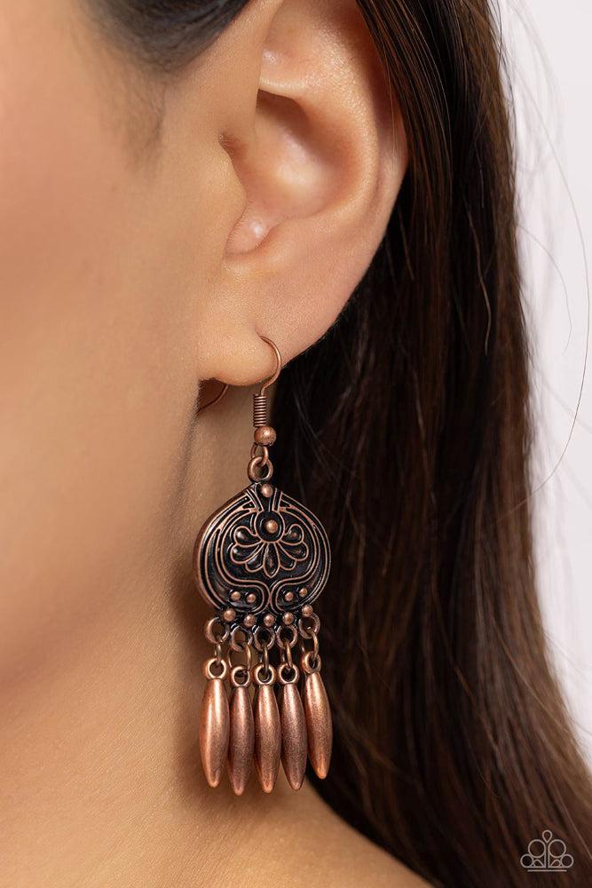 Future, PASTURE and Present Copper Earrings - Paparazzi Accessories- on model - CarasShop.com - $5 Jewelry by Cara Jewels