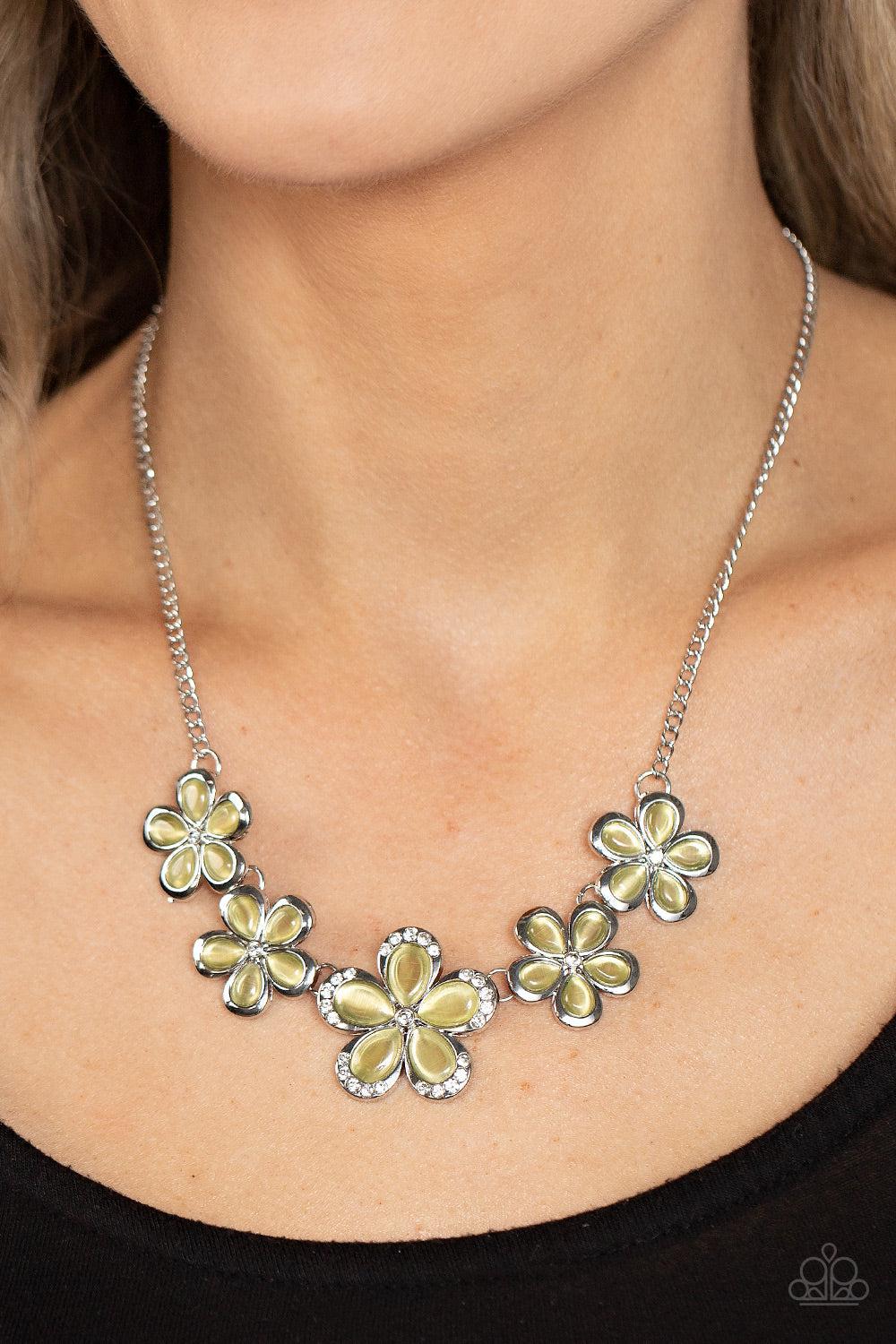 Garden Daydream Yellow Cat&#39;s Eye Stone Flower Necklace - Paparazzi Accessories-on model - CarasShop.com - $5 Jewelry by Cara Jewels